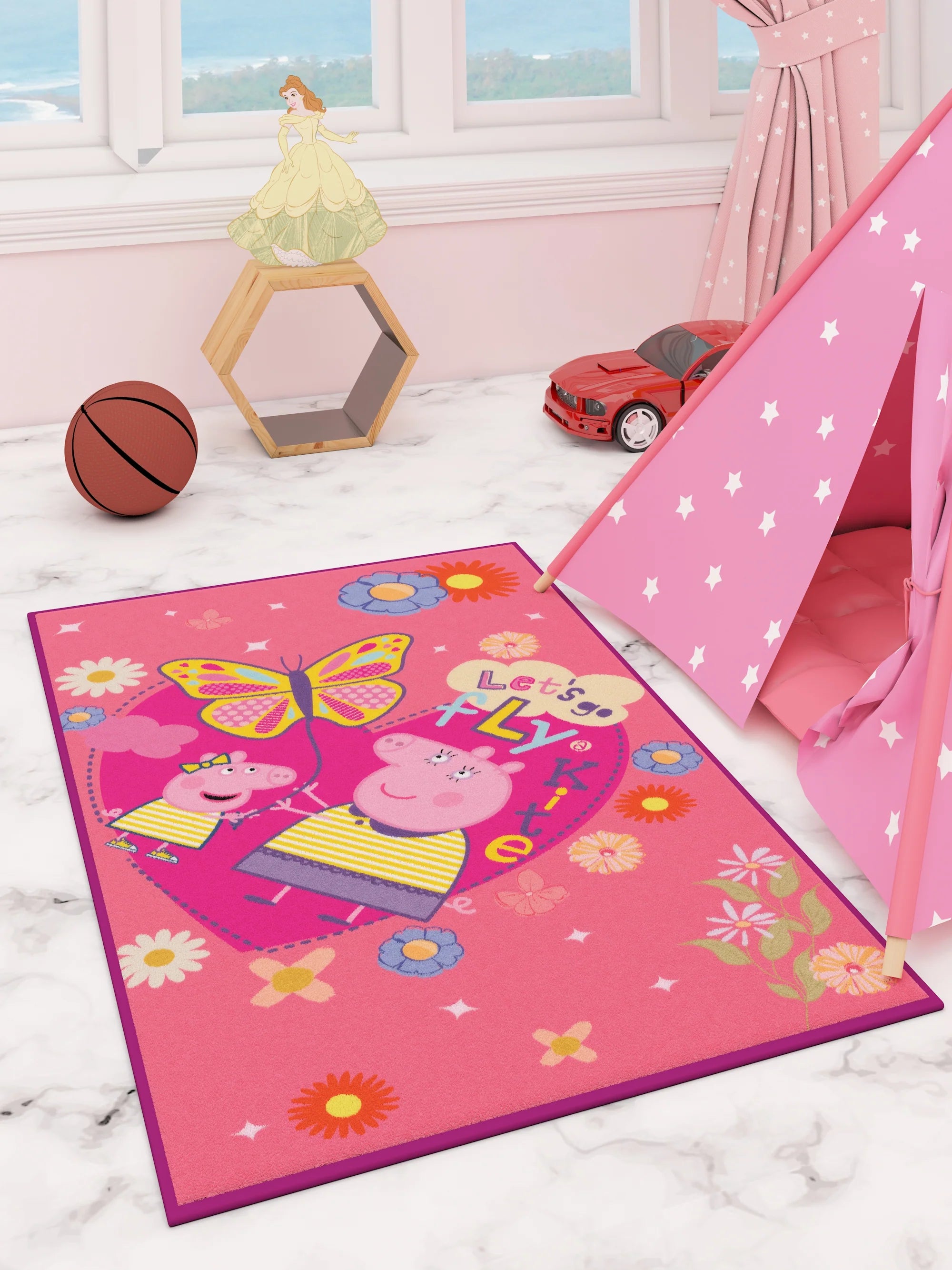 Peppa Pig Let's Go Fly Kite Pink Kids Carpet 3ft X 5ft