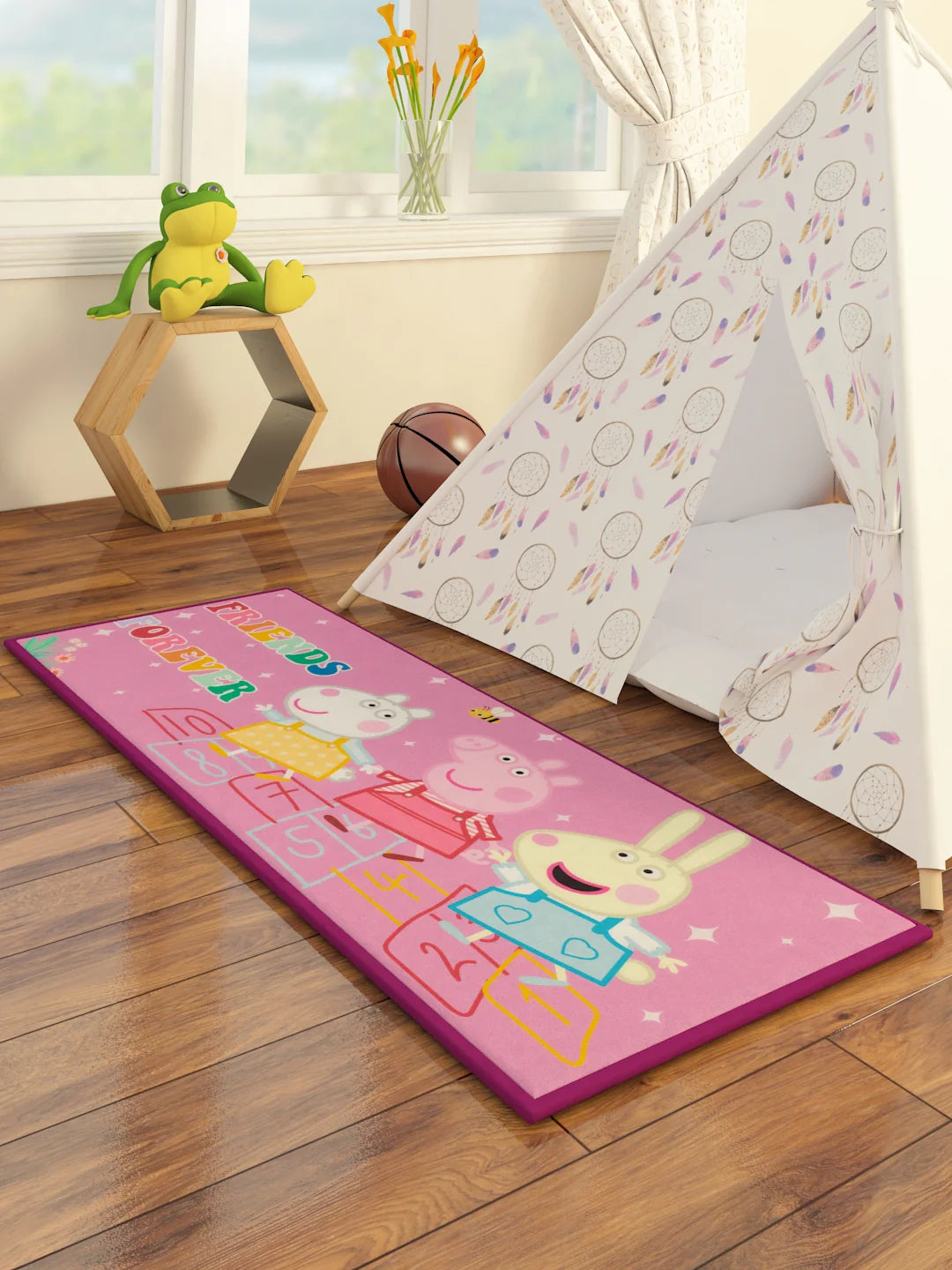 Experience Joyful Playtime with Peppa Pig Friends Forever Pink Printed Runner Carpet