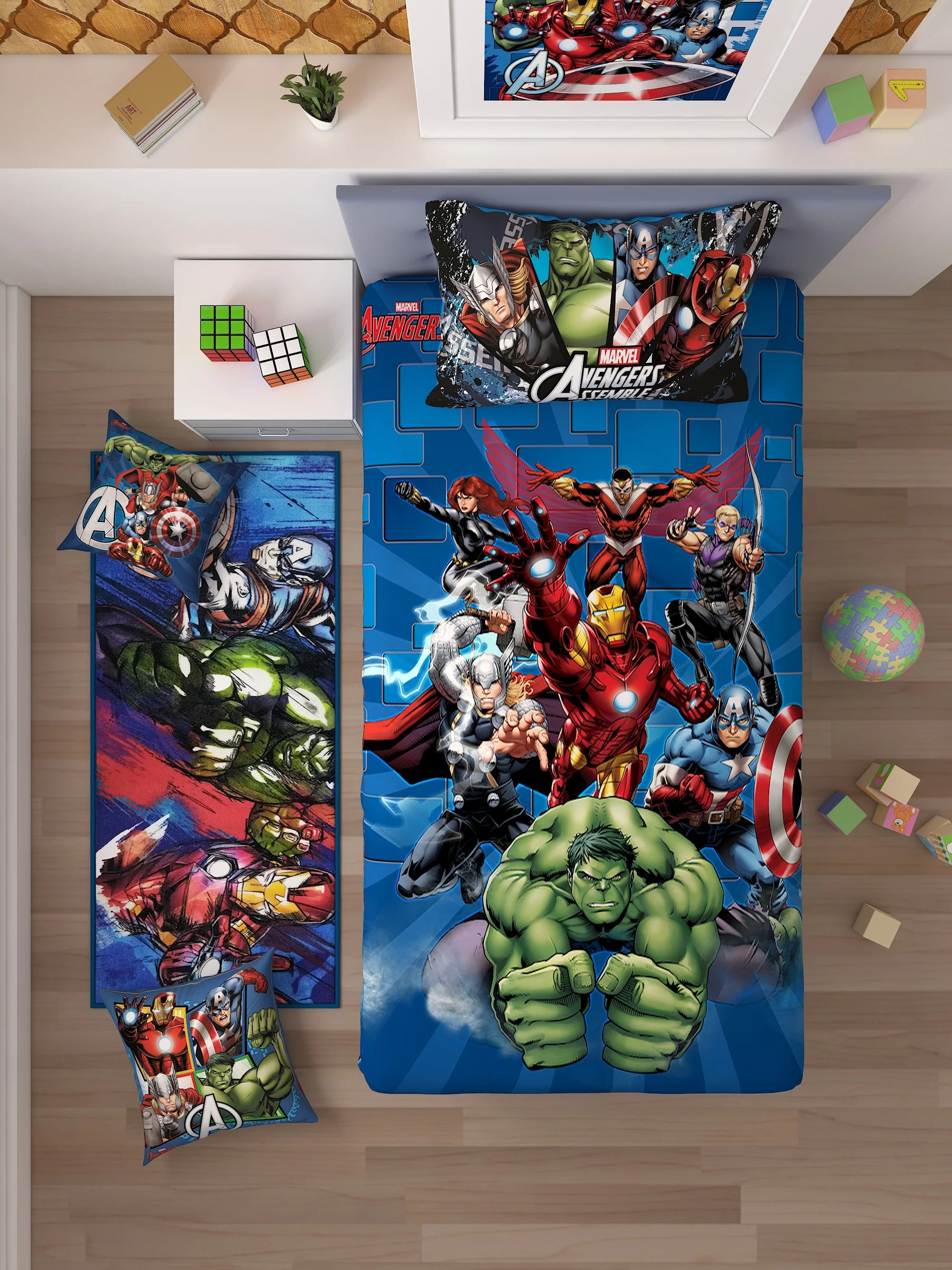 Athom Living Marvel Avengers Kids Room Set 1 Single Bedsheet With Pillow Covers + 1 Runner Carpet+ 2 Cushion Covers