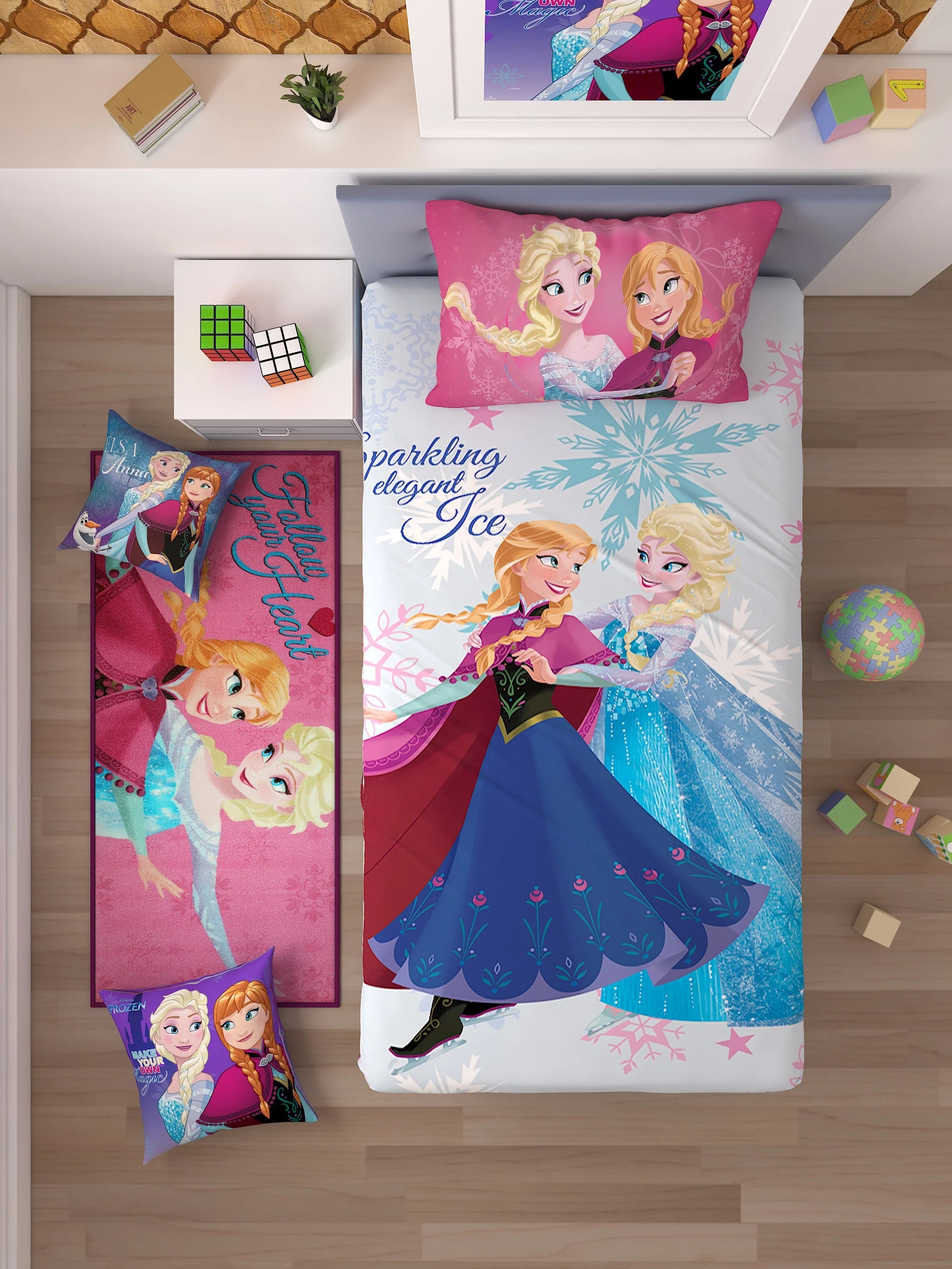 Athom Living Disney Frozen Kids Room Set 1 Single Bedsheet With Pillow Cover + 1 Runner Carpet+ 2 Cushion Cover