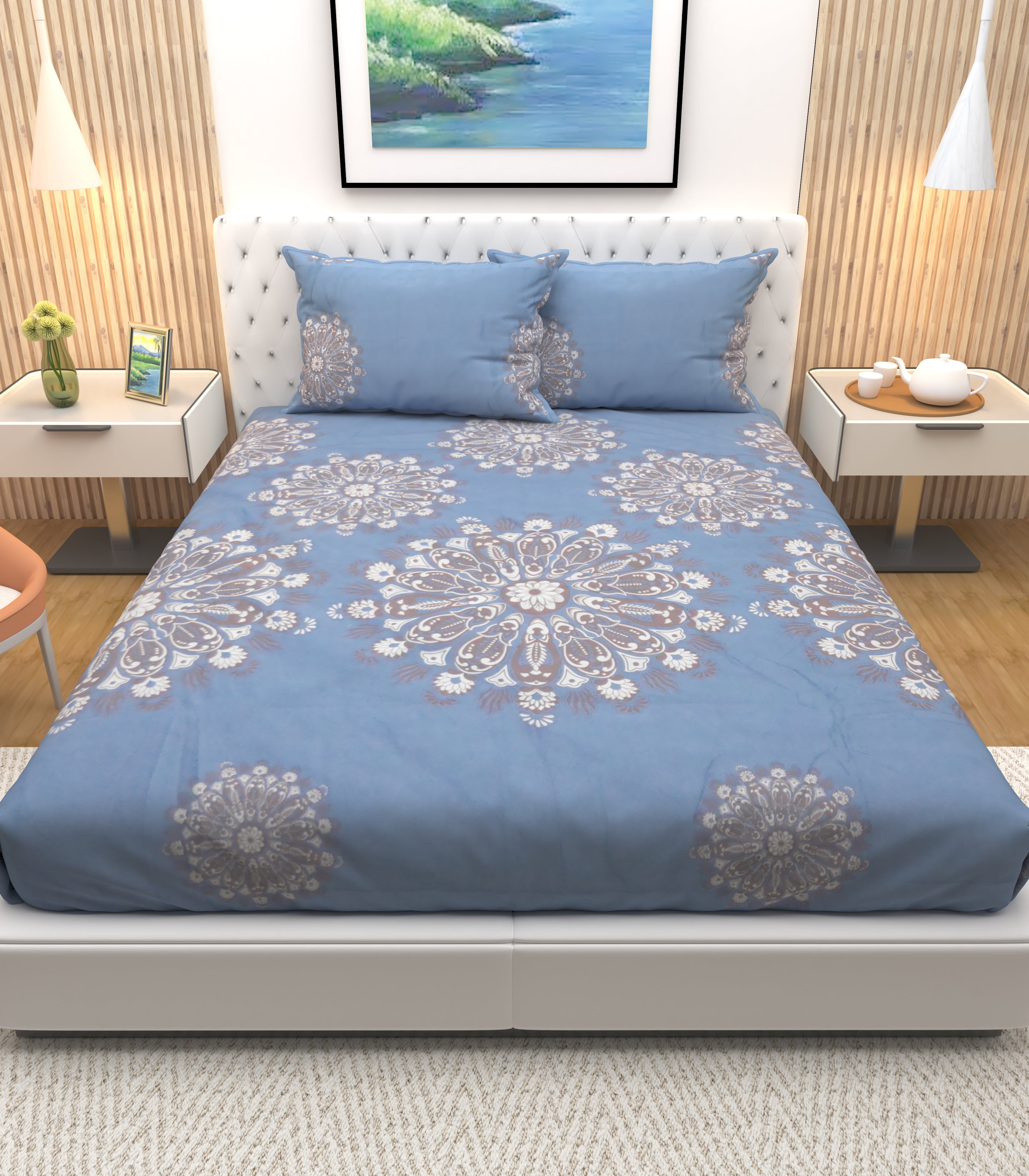 Athom Living Premium Daffodal Blue with Aristrocrate Design Double Bedsheet Bedsheet with 2 Pillow Cover