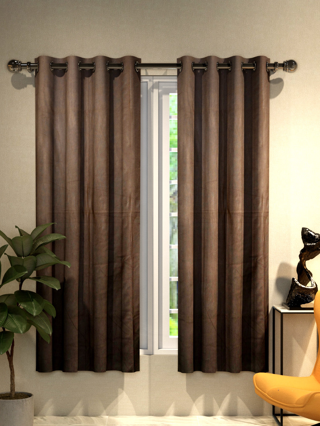 "Athom Living Vogue Collection Brown Solid Window Curtain 1.15mx1.52m - Set of 2, Elegant Drapes for Home Decor, For Privacy and Style"