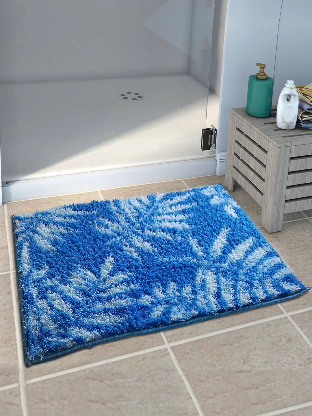 Athom Living Blue Leaf Micro Designer Soft Anti Slip Bath Mat - Athom Living