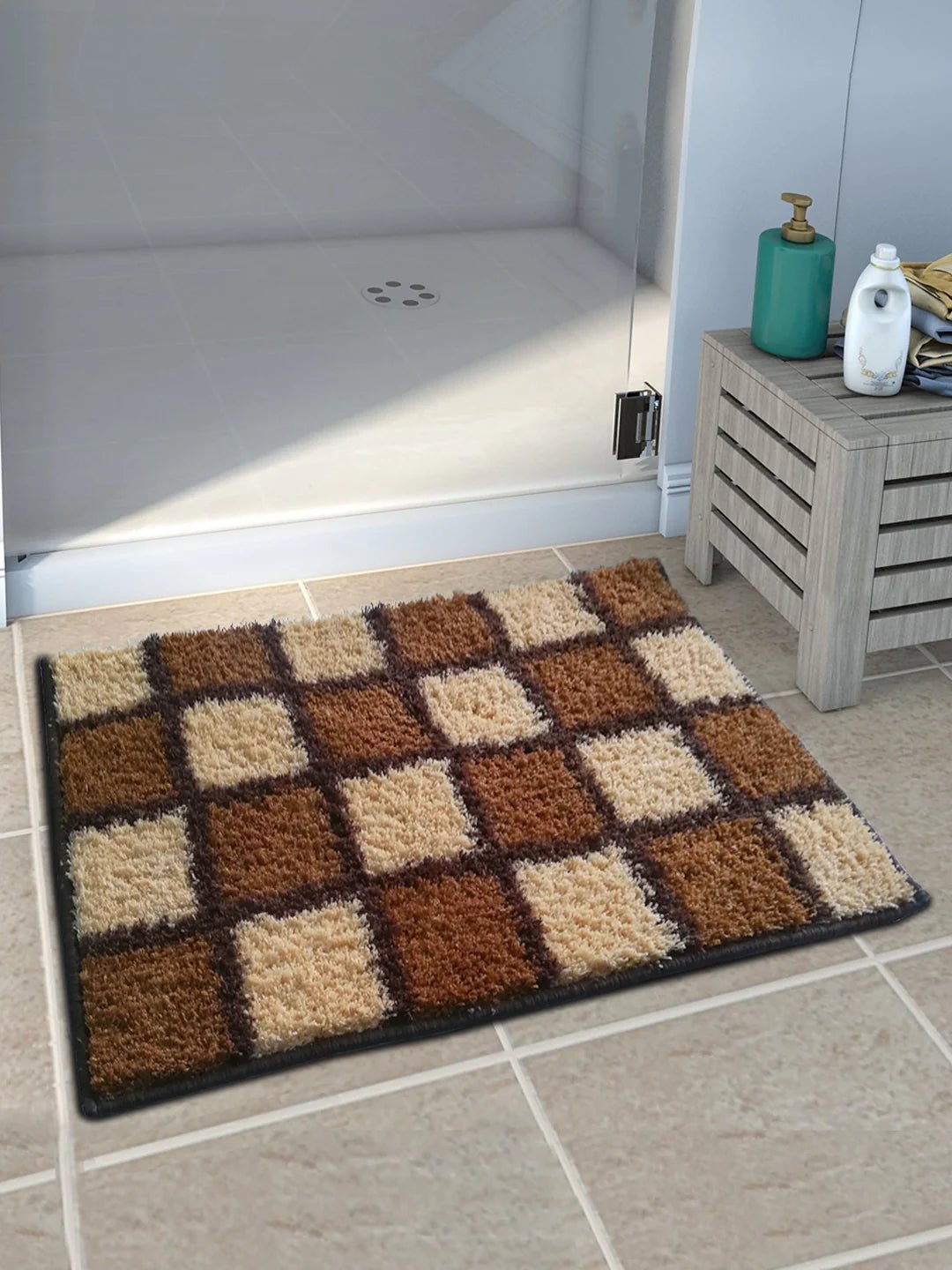 Athom Living Brown Blocks Micro Designer Soft Anti Slip Bath Mat - Athom Living