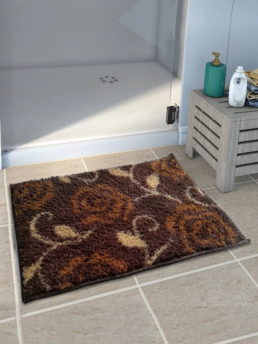 Athom Living Brown Flower Micro Designer Soft Anti Slip Bath Mat - Athom Living