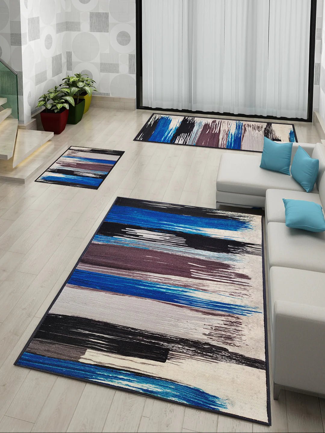 Athom Living Canvas Blue Premium Anti Slip Printed Doormat, Runner & Carpet Set - Athom Living