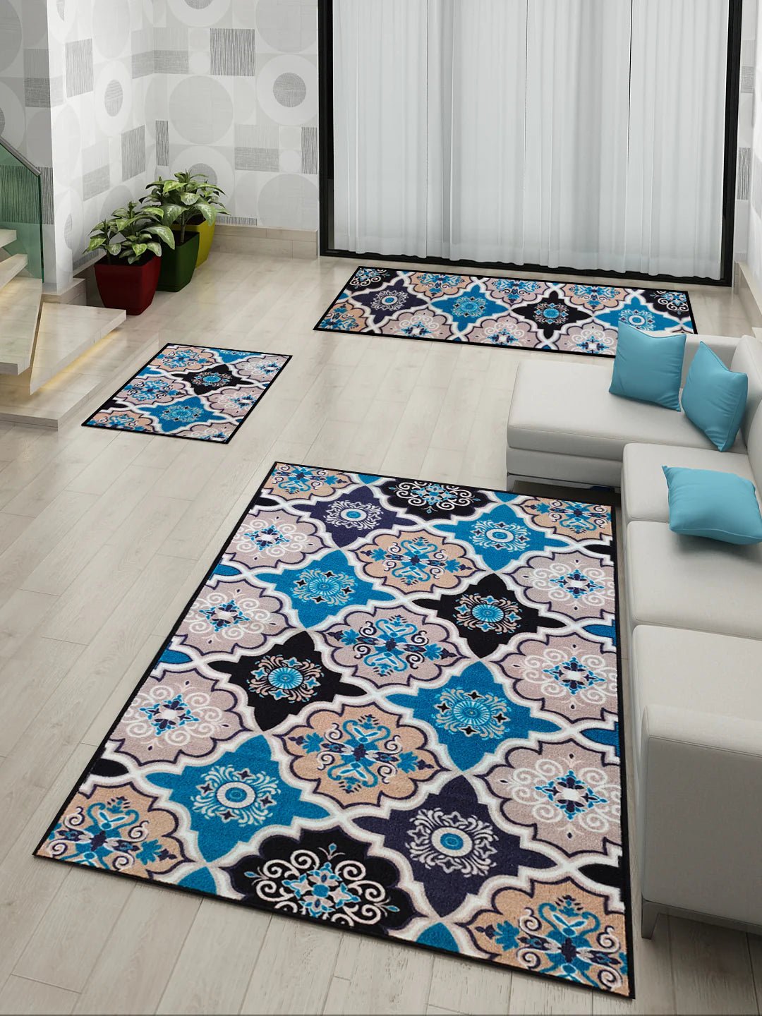 Athom Living Contemporaray Blue Premium Anti Slip Printed Doormat, Runner & Carpet Set - Athom Living