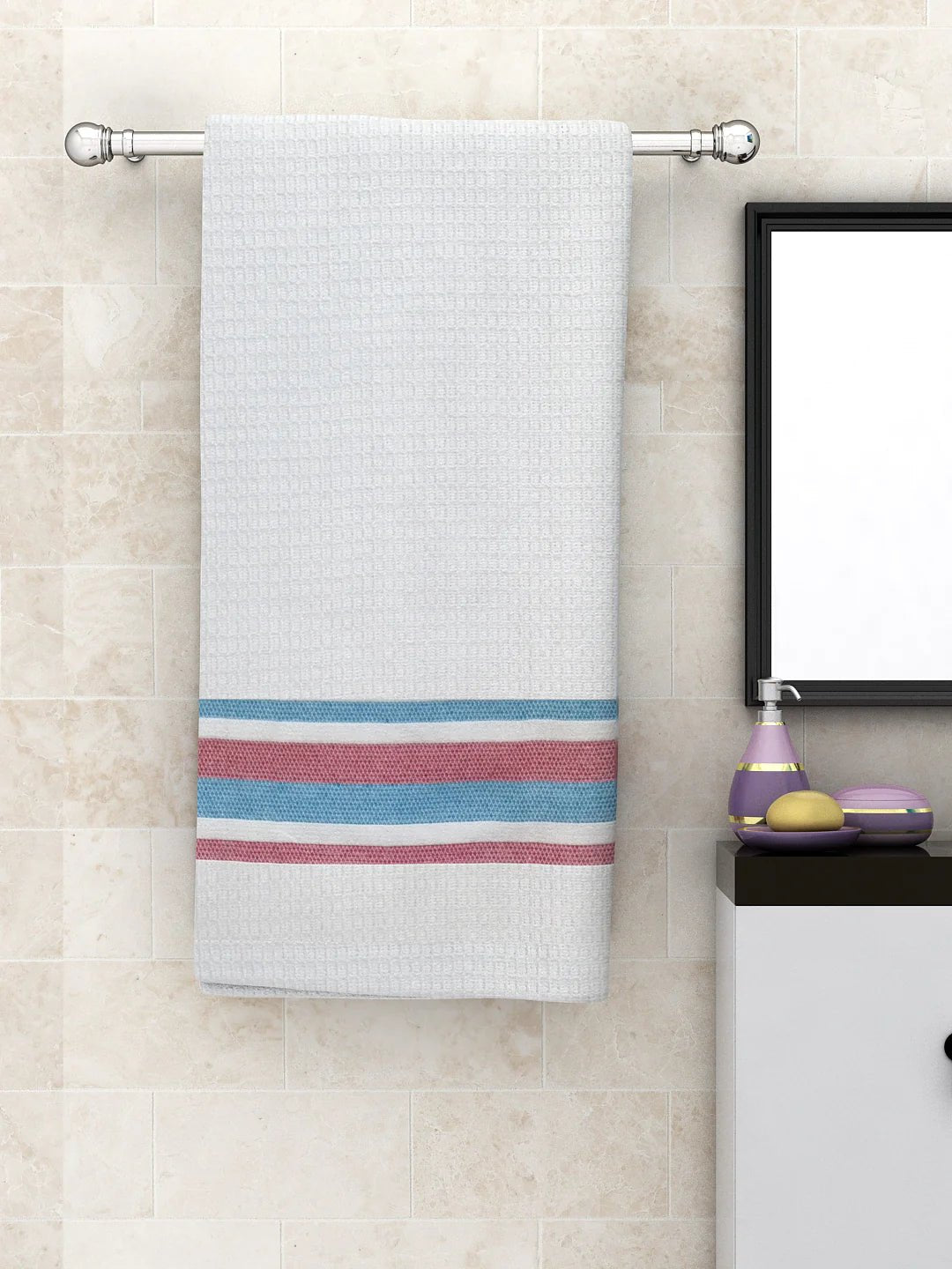 Athom Living Diamond Border White Light Weight Woven Cotton Bath Towel- Large - Athom Living