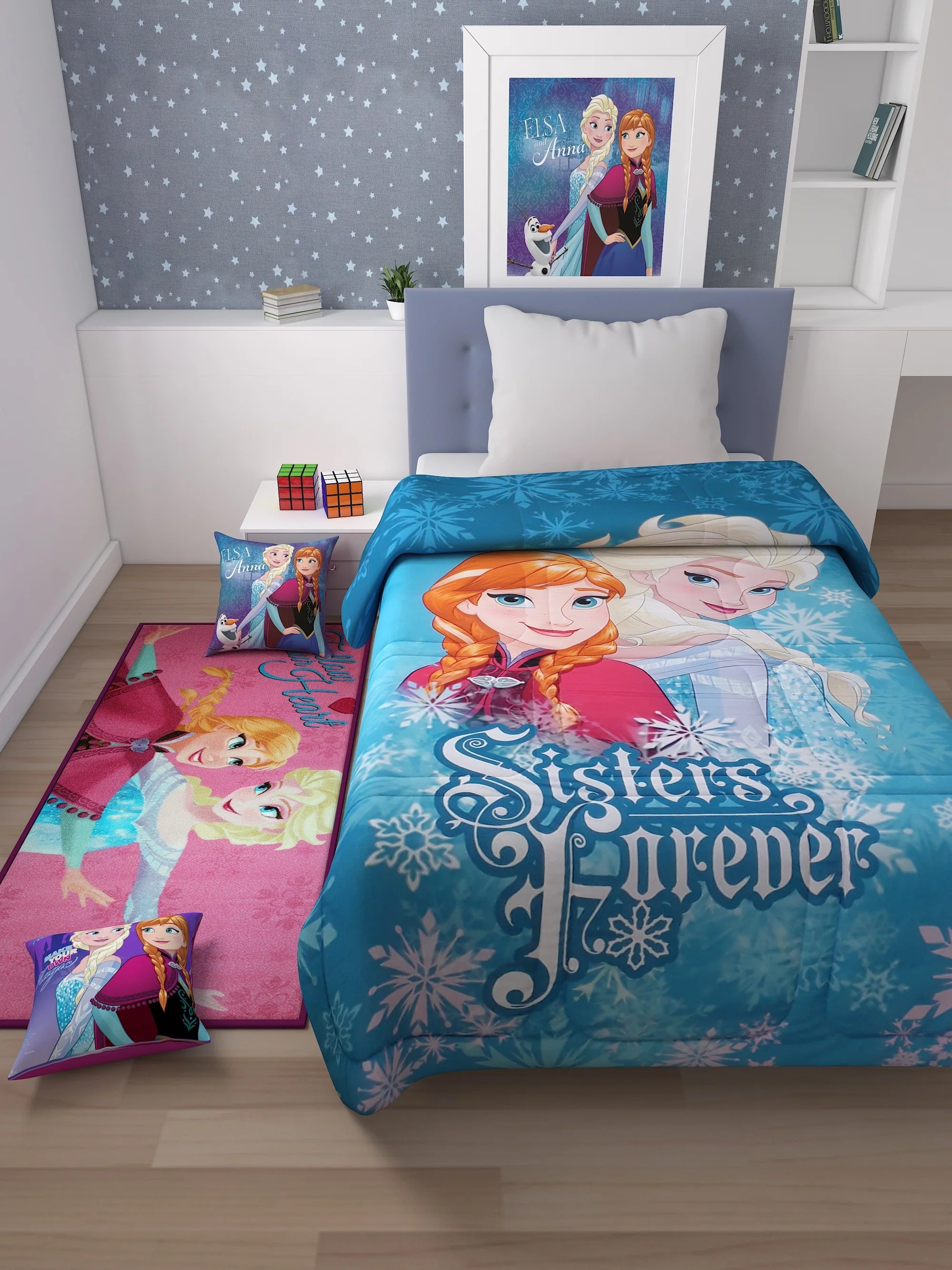 Athom Living Disney Frozen Kids Room Set 1 Single Comforter + 1 Runner Carpet + 2 Cushion Cover - Athom Living
