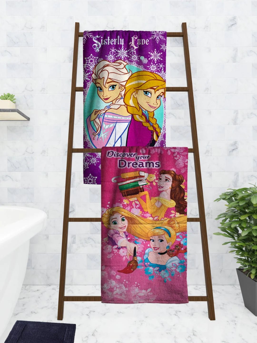 Athom Living Disney Frozen Sisterly Love &amp; Princess Kids Cotton Bath Towel 60x120 Cms (Pack Of 2) - Athom Living