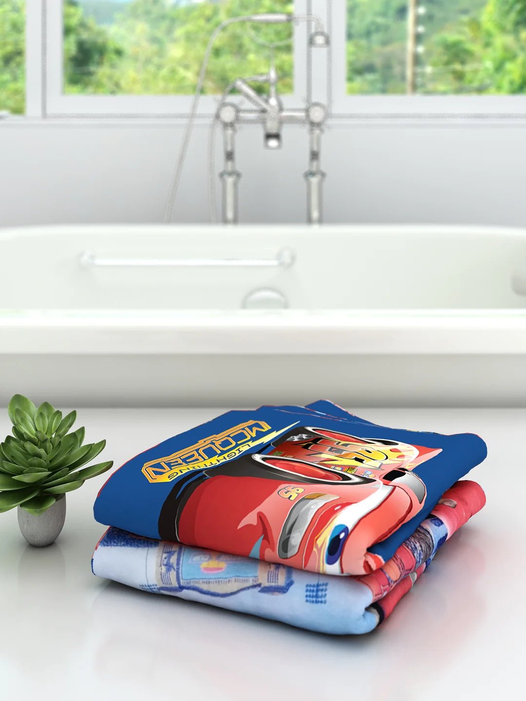 Athom Living Disney Lightning Speed & MCQueen Blue Cars Kids Cotton Bath Towel 60x120 Cms (Pack Of 2) - Athom Living