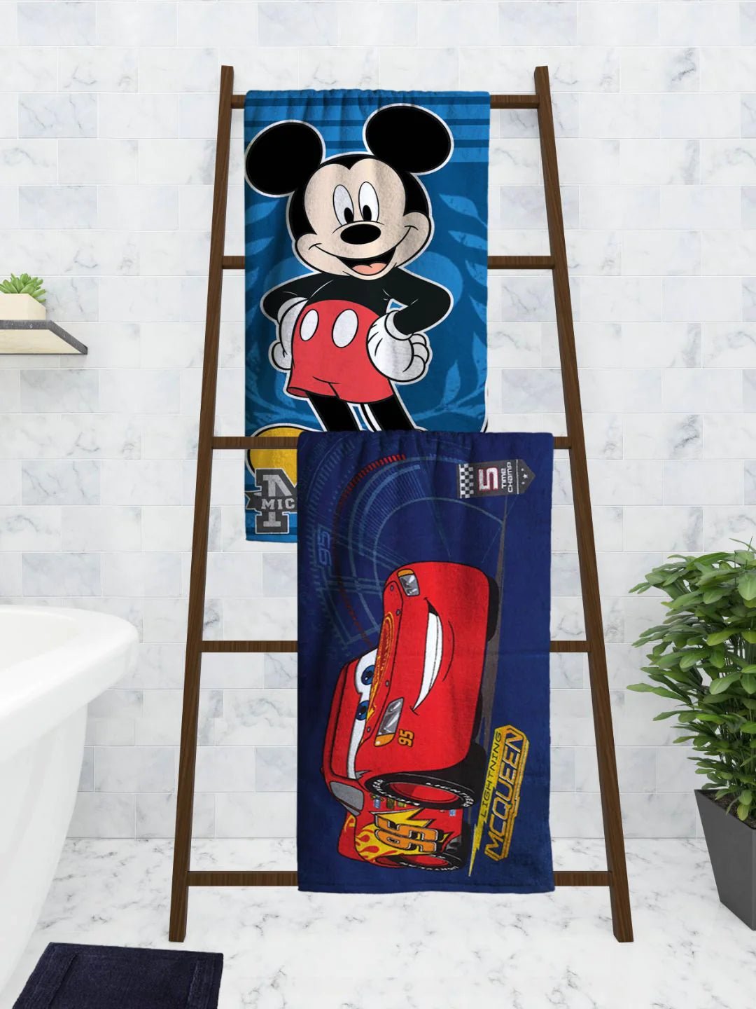 Athom Living Disney MCQueen Blue Cars & Blue Mickey Mouse Kids Cotton Bath Towel 60x120 Cms (Pack Of 2) - Athom Living