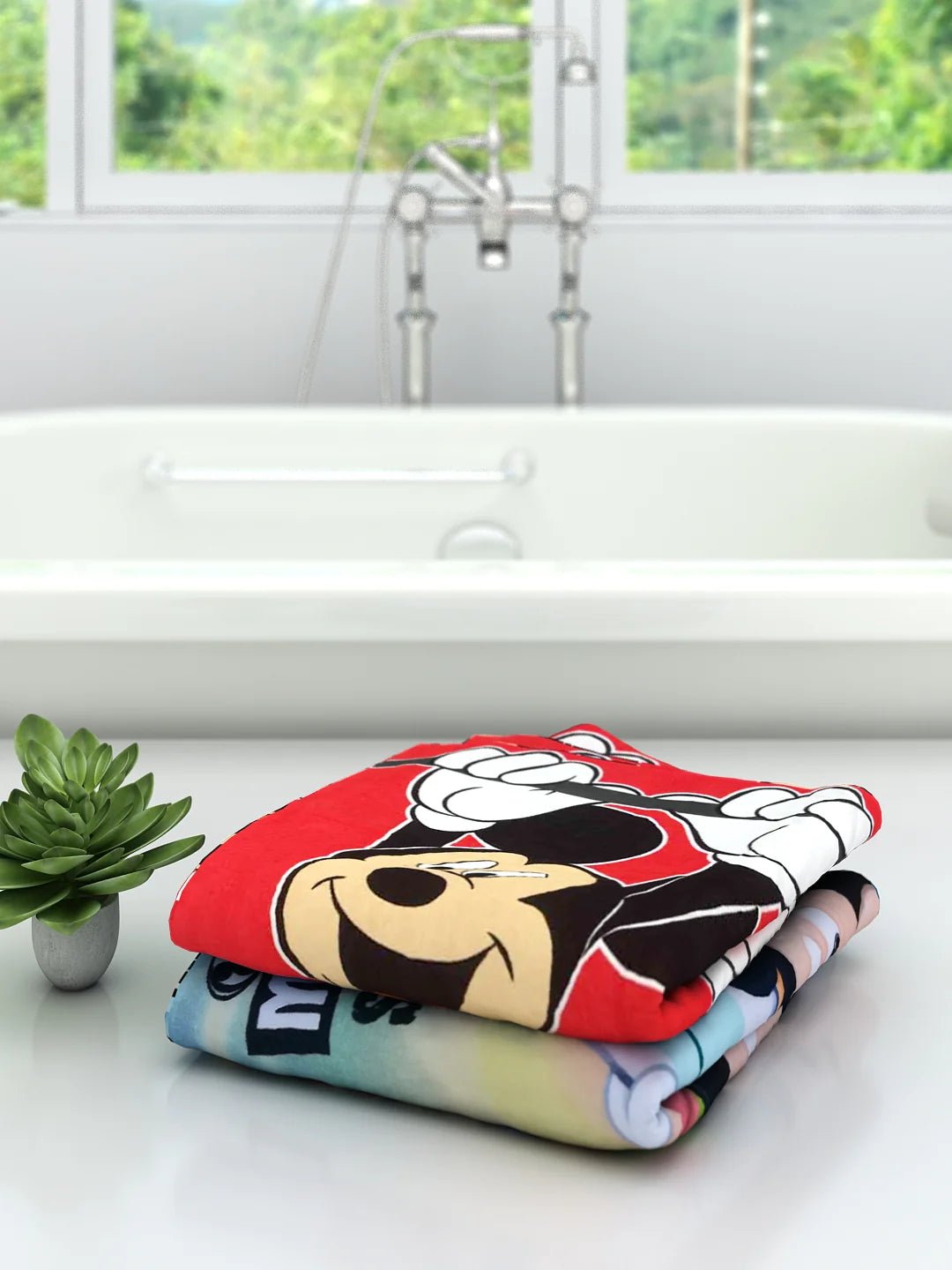 Athom Living Disney Mickey Mouse Surf & Red Mickey Mouse Kids Cotton Bath Towel 60x120 Cms (Pack Of 2) - Athom Living