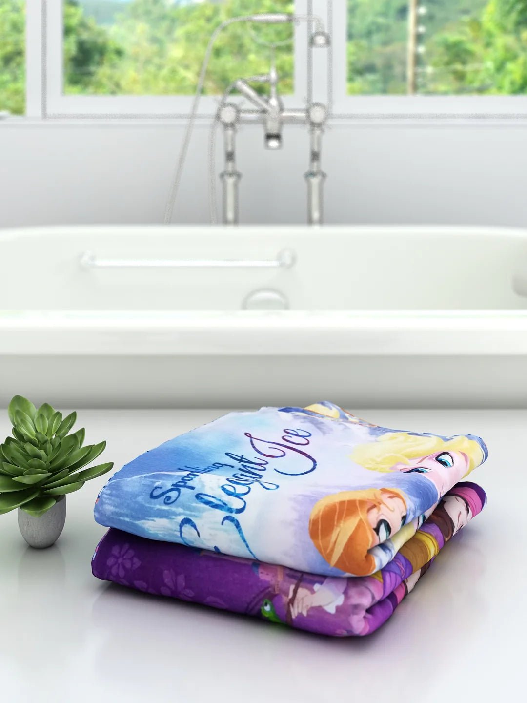 Athom Living Disney Princess & Elegant Ice Frozen Elsa Kids Cotton Bath Towel 60x120 Cms (Pack Of 2) - Athom Living