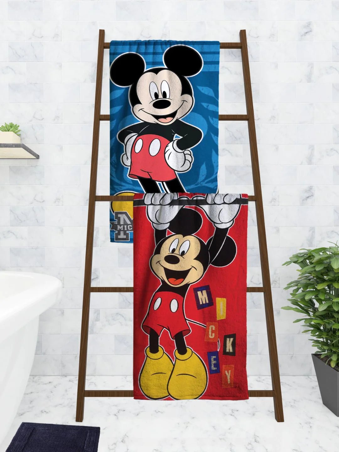 Athom Living Disney Red & Blue Mickey Mouse Kids Cotton Bath Towel 60x120 Cms (Pack Of 2) - Athom Living