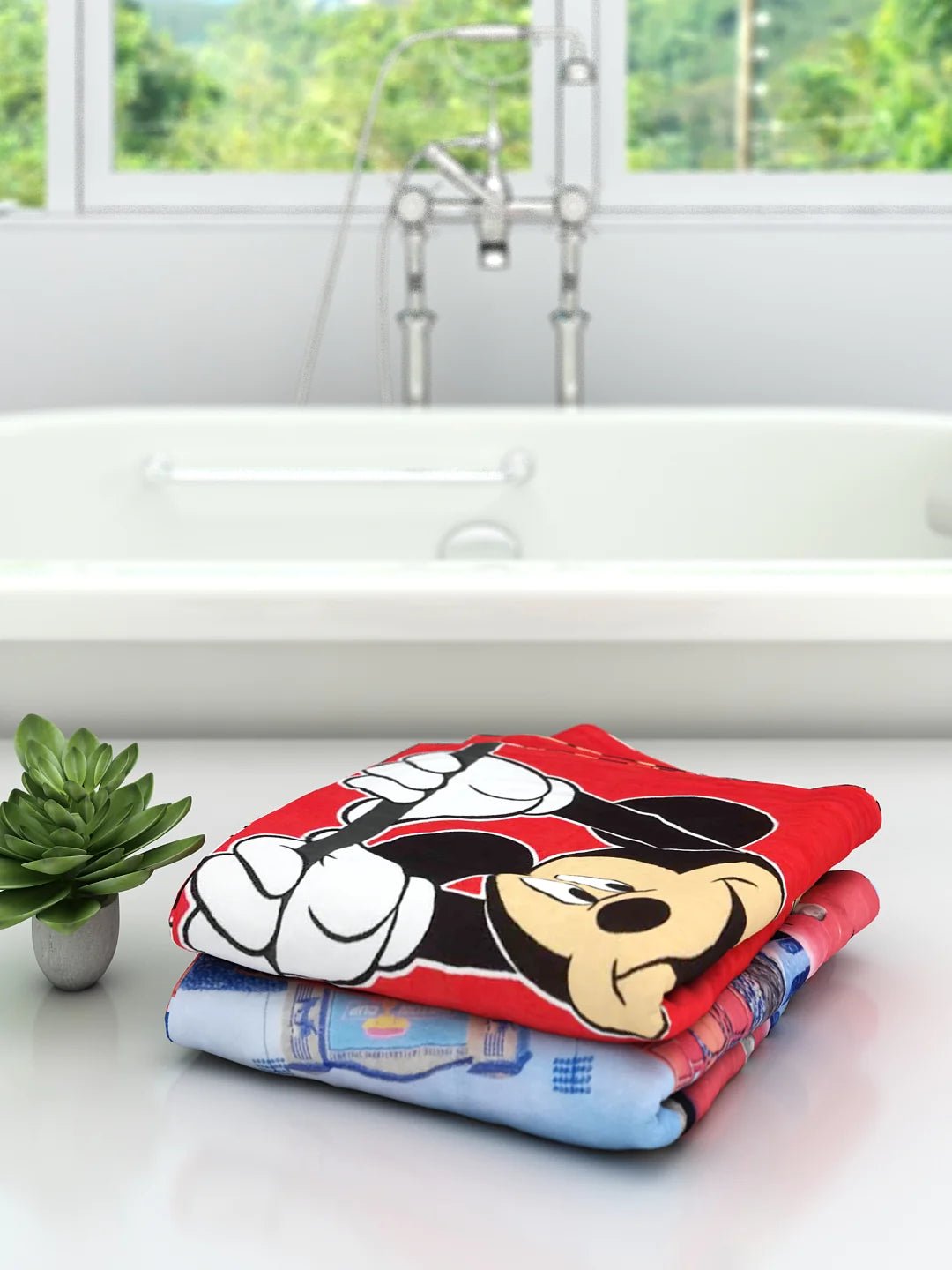 Athom Living Disney Red Mickey Mouse & Lightning Speed Cars Kids Cotton Bath Towel 60x120 Cms (Pack Of 2) - Athom Living