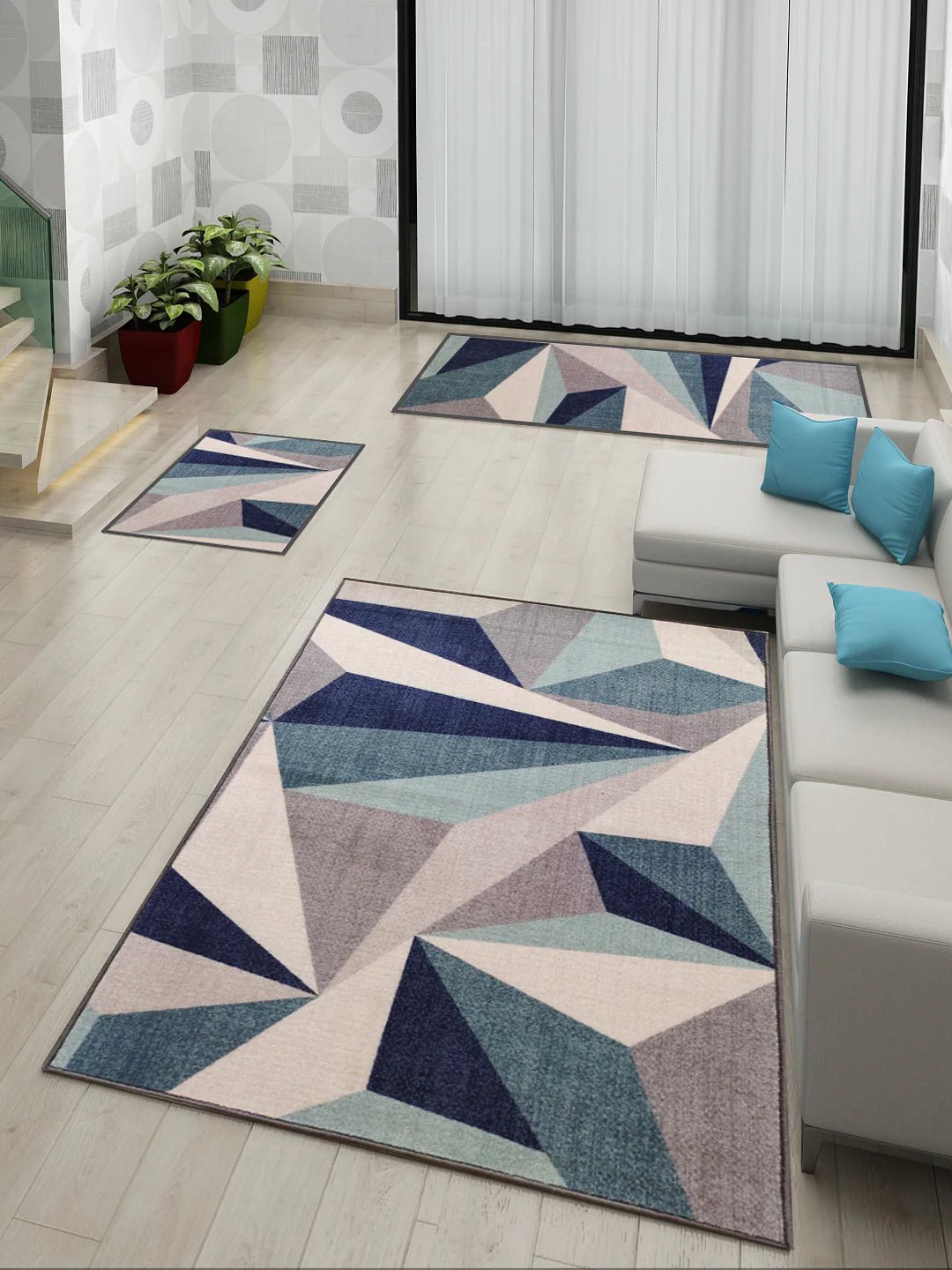 Athom Living Distressed Blue Premium Anti Slip Printed Doormat, Runner & Carpet Set - Athom Living