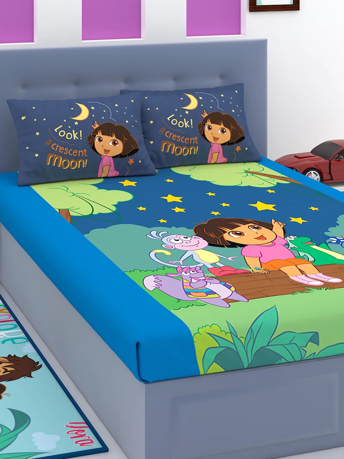 Athom Living Dora The Explorer Cotton Double Kids Bedsheet Set 180 TC 274x274 Cm - Athom Living