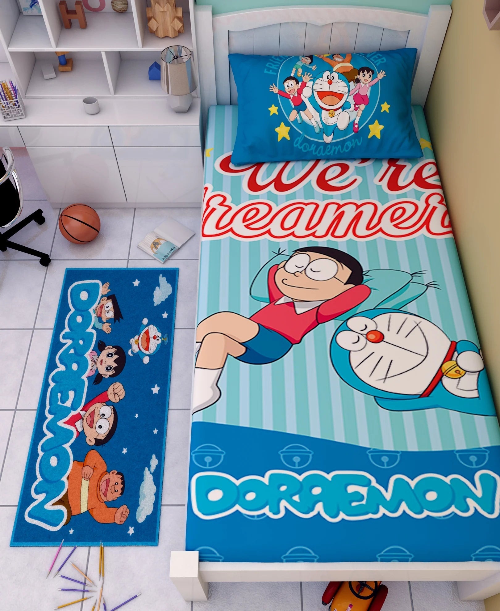 Athom Living Doremon We 'Re Dreamers Cotton Single Kids Bedsheet With Runner Carpet - Athom Living