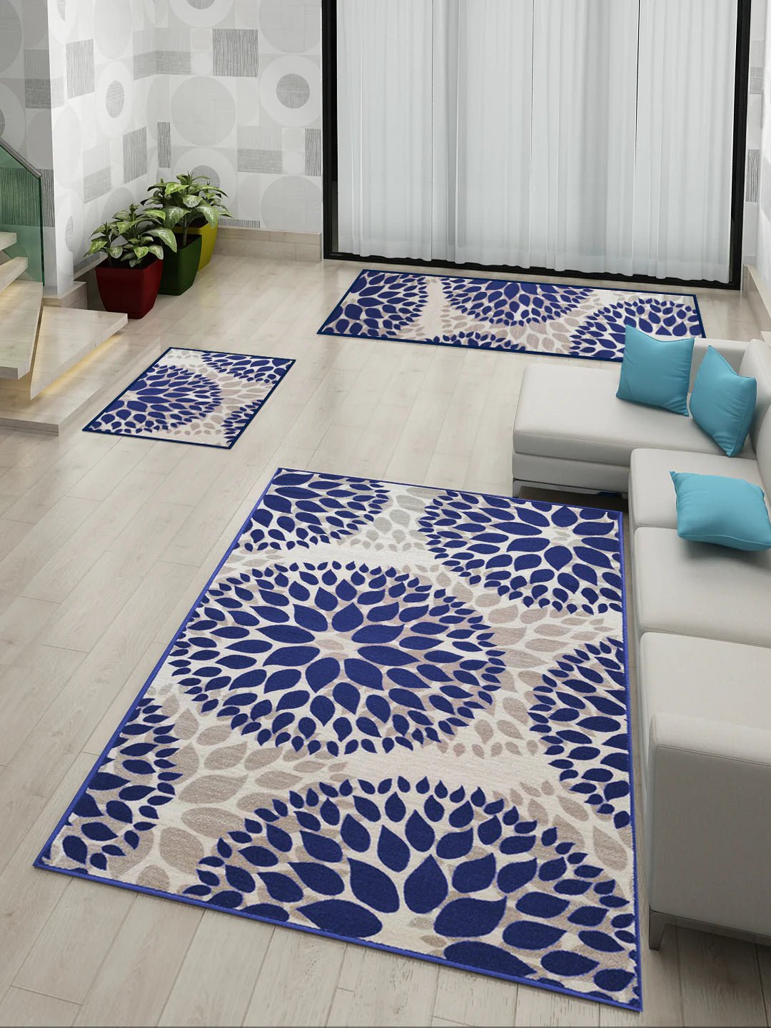 Athom Living Drop Blue Premium Anti Slip Printed Doormat, Runner & Carpet Set - Athom Living