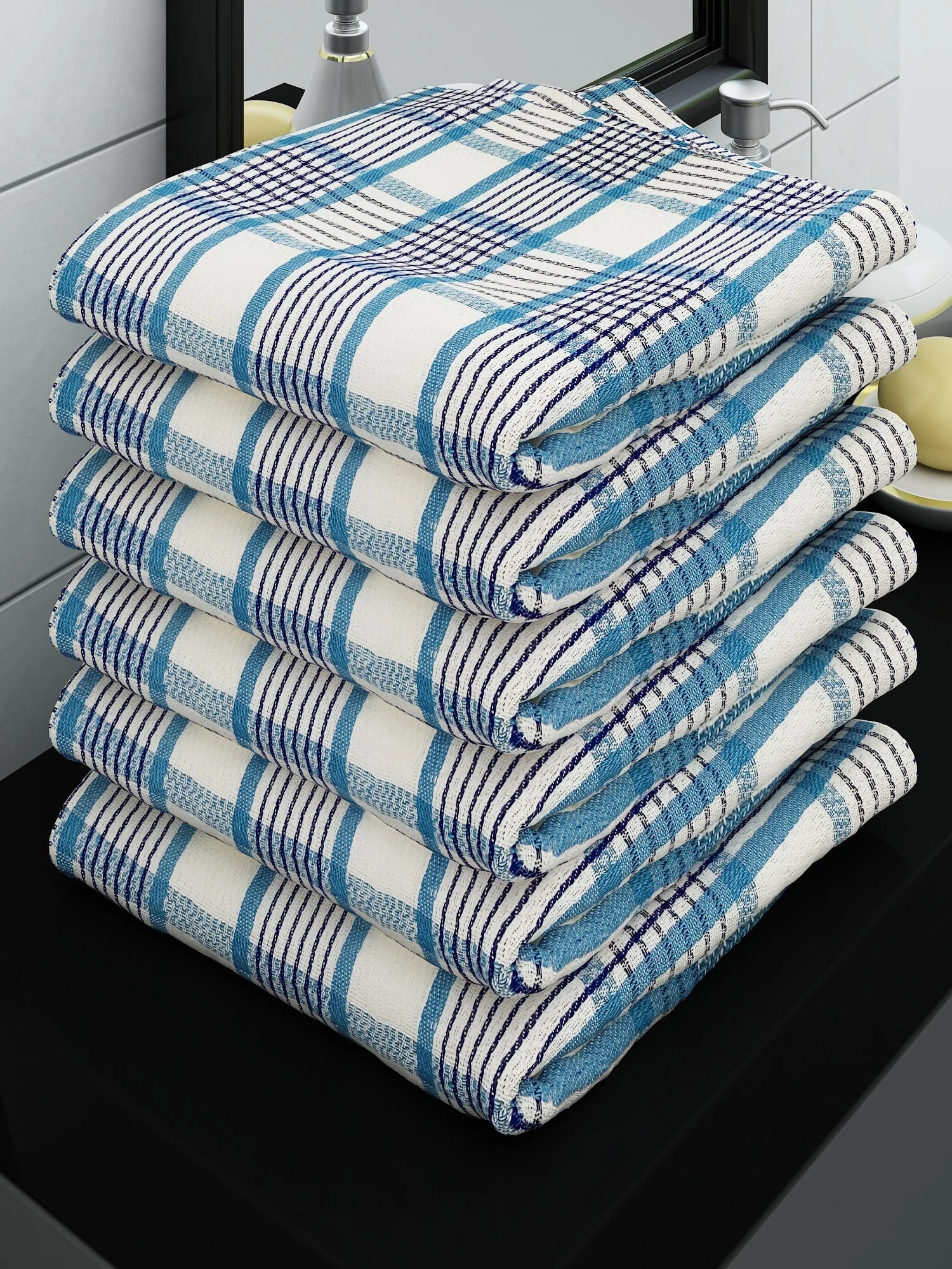 Athom Living Eco Saviour Premium Cotton Bath Towel/Gamcha Grandiose White & Blue (Pack Of 6) - Athom Living