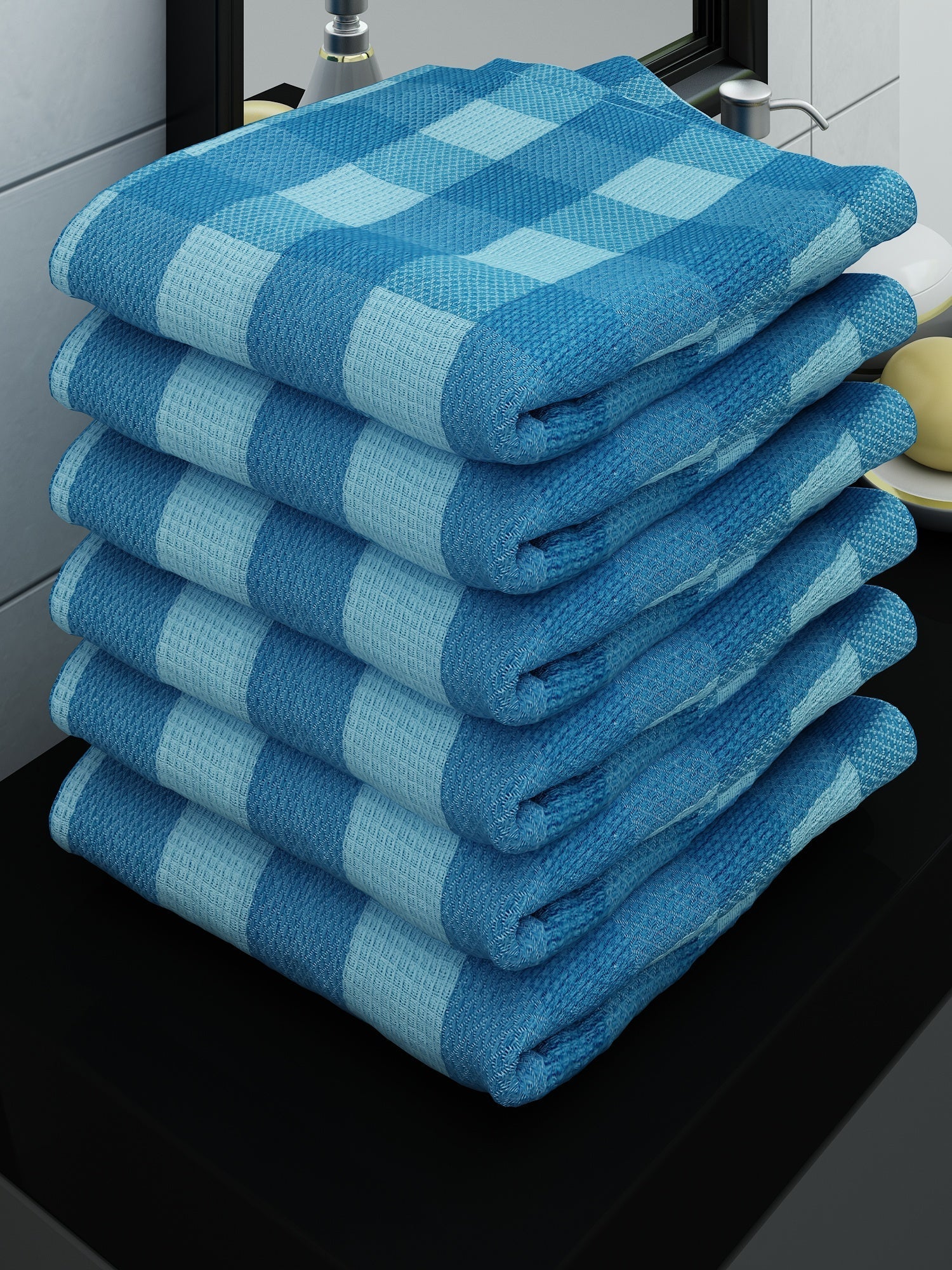Athom Living Eco Saviour Premium Cotton Bath Towel/Gamcha S Blue Big Checks (Pack Of 6) - Athom Living