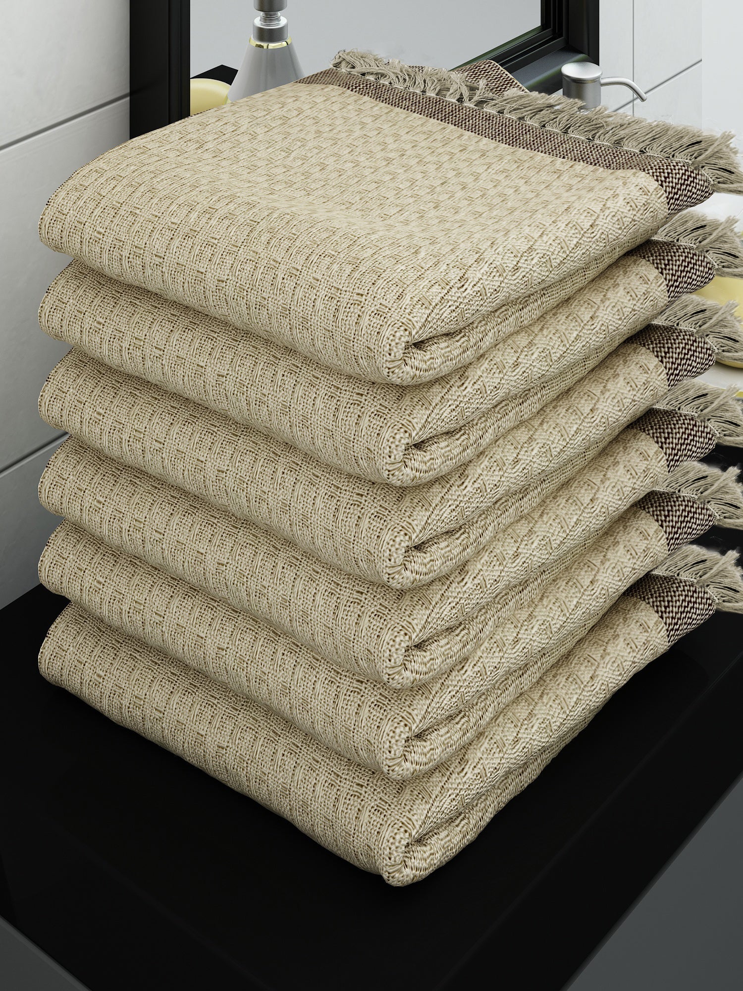 Athom Living Eco Saviour Premium Cotton Bath Towel/Gamcha Waffle Beige (Pack Of 6) - Athom Living