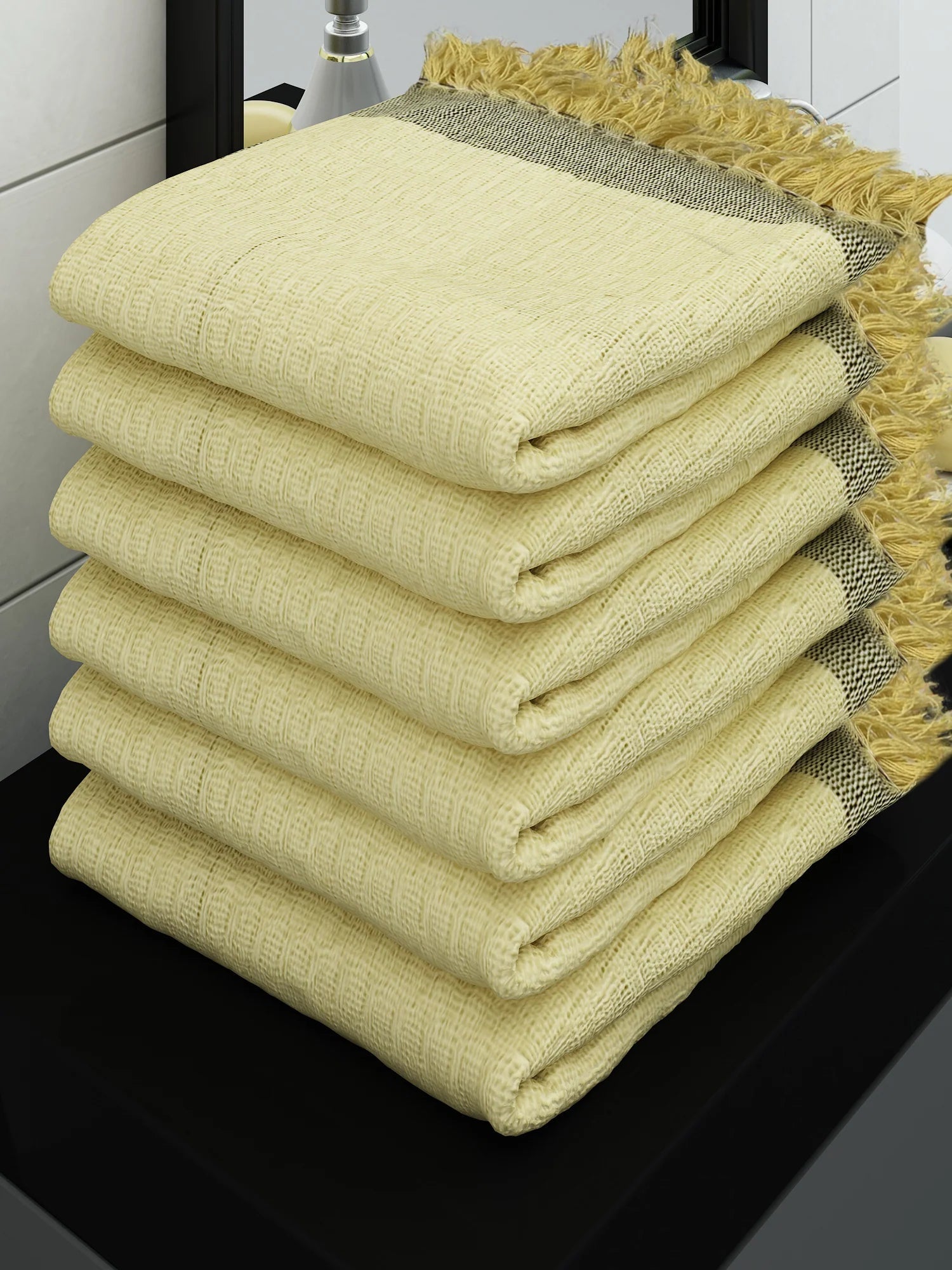 Athom Living Eco Saviour Premium Cotton Bath Towel/Gamcha Waffle Yellow (Pack Of 6) - Athom Living