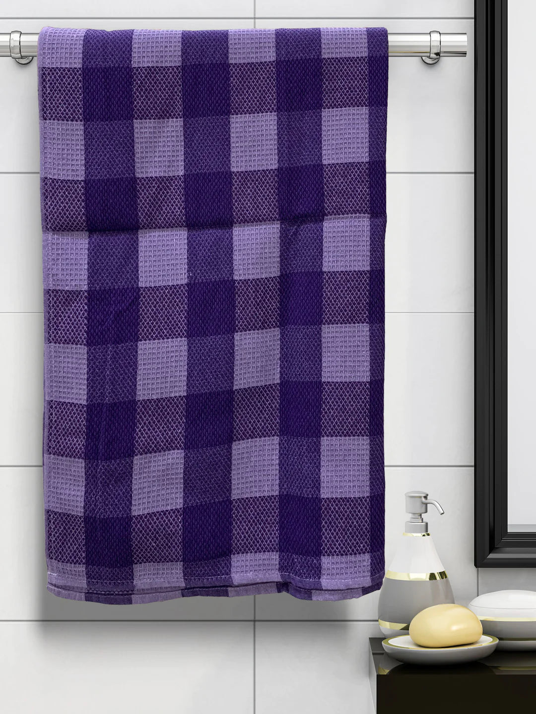 Athom Living Ecosaviour Premium Cotton Bath Towel Purple Big Checks- Large - Athom Living
