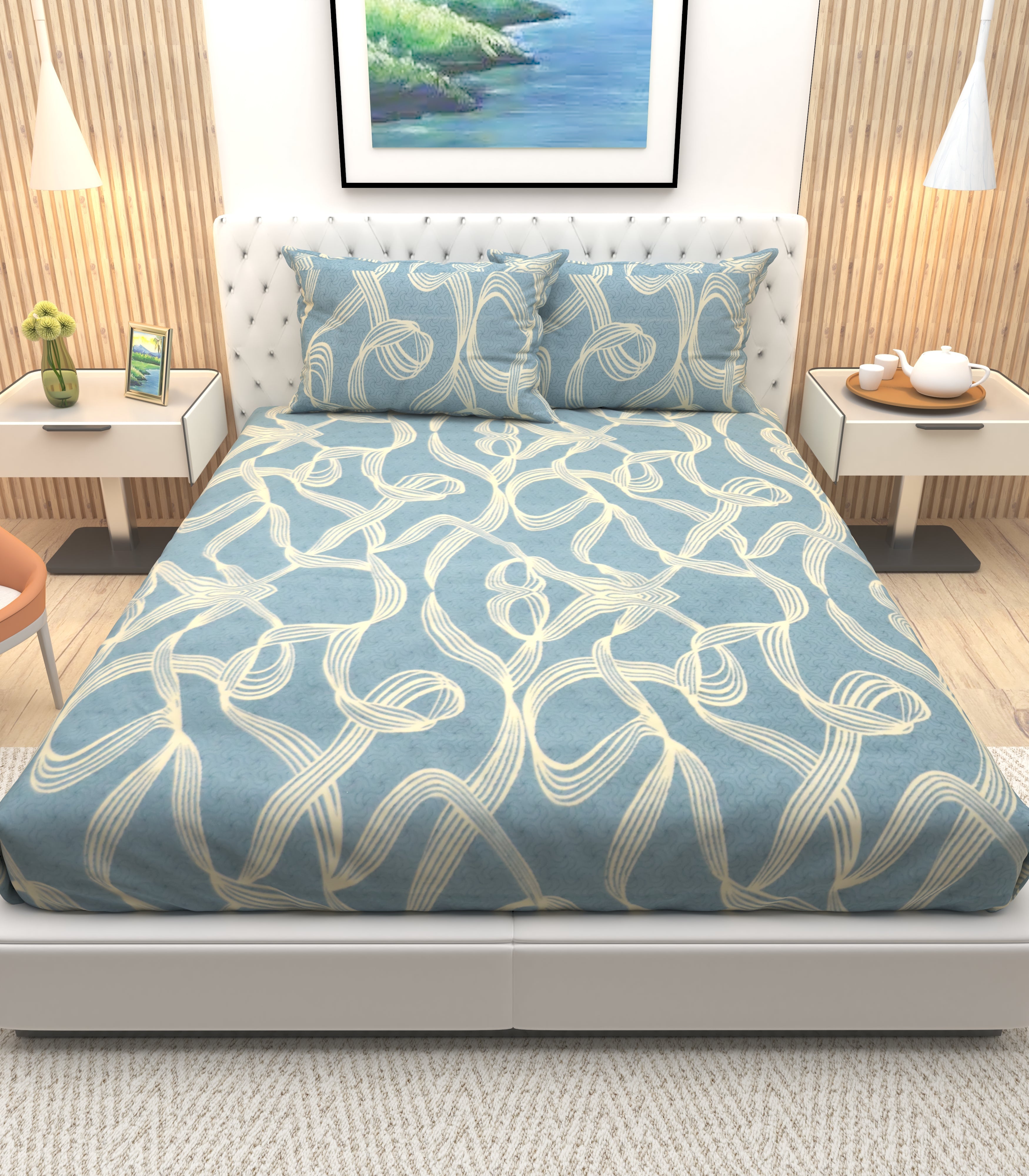 Athom Living Fluroscent Sea Blue With Cream Stripes Double Bedsheet with 2 Pillow Cover - Athom Living
