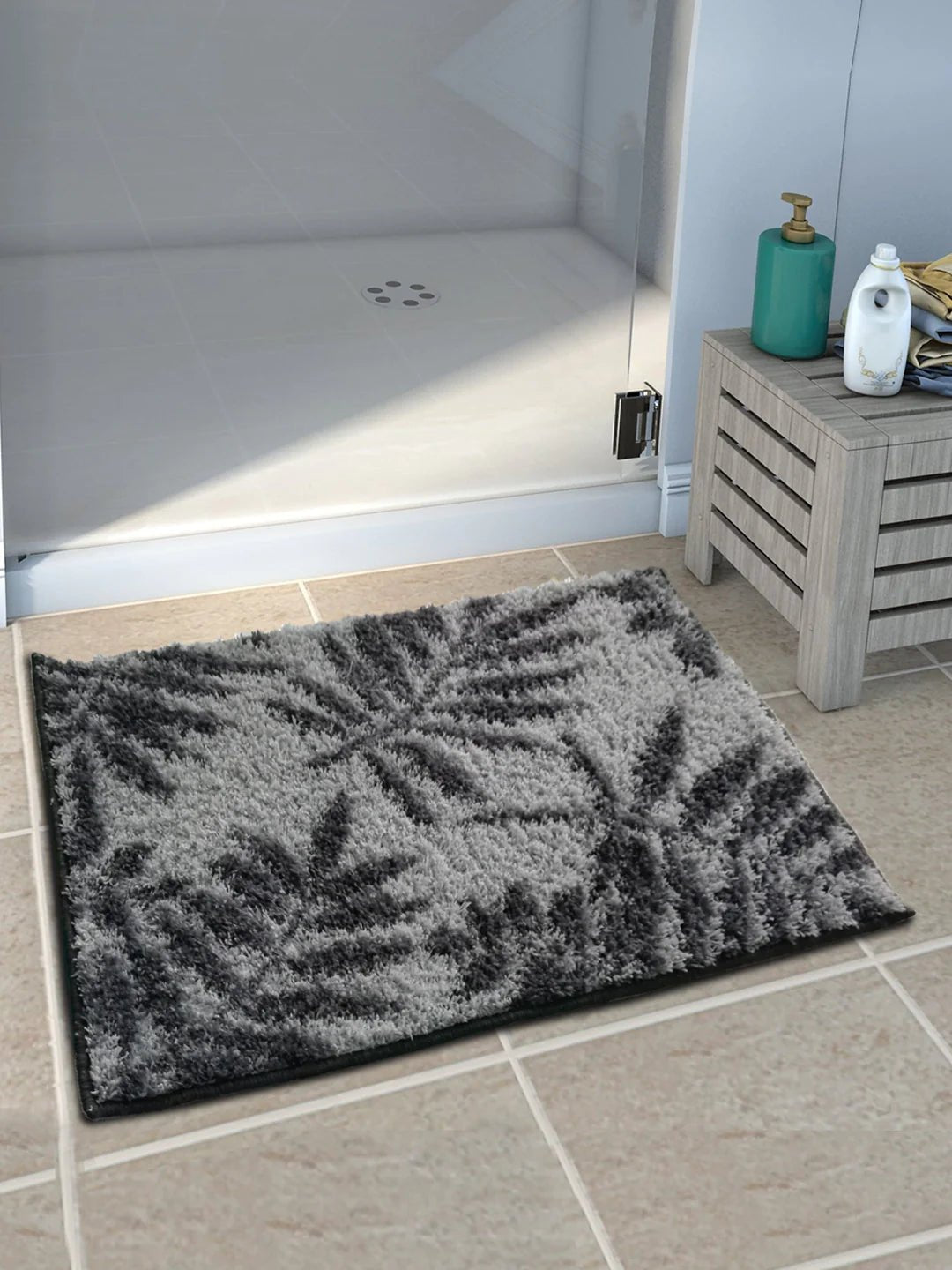 Athom Living Grey Leaf Micro Designer Soft Anti Slip Bath Mat - Athom Living