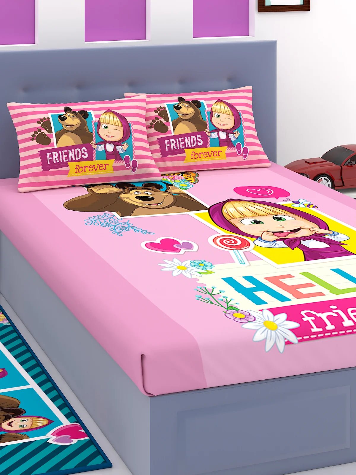 Athom Living Mash And The Bear Cotton Double Kids Bedsheet Set 180 TC 274x274 Cm - Athom Living