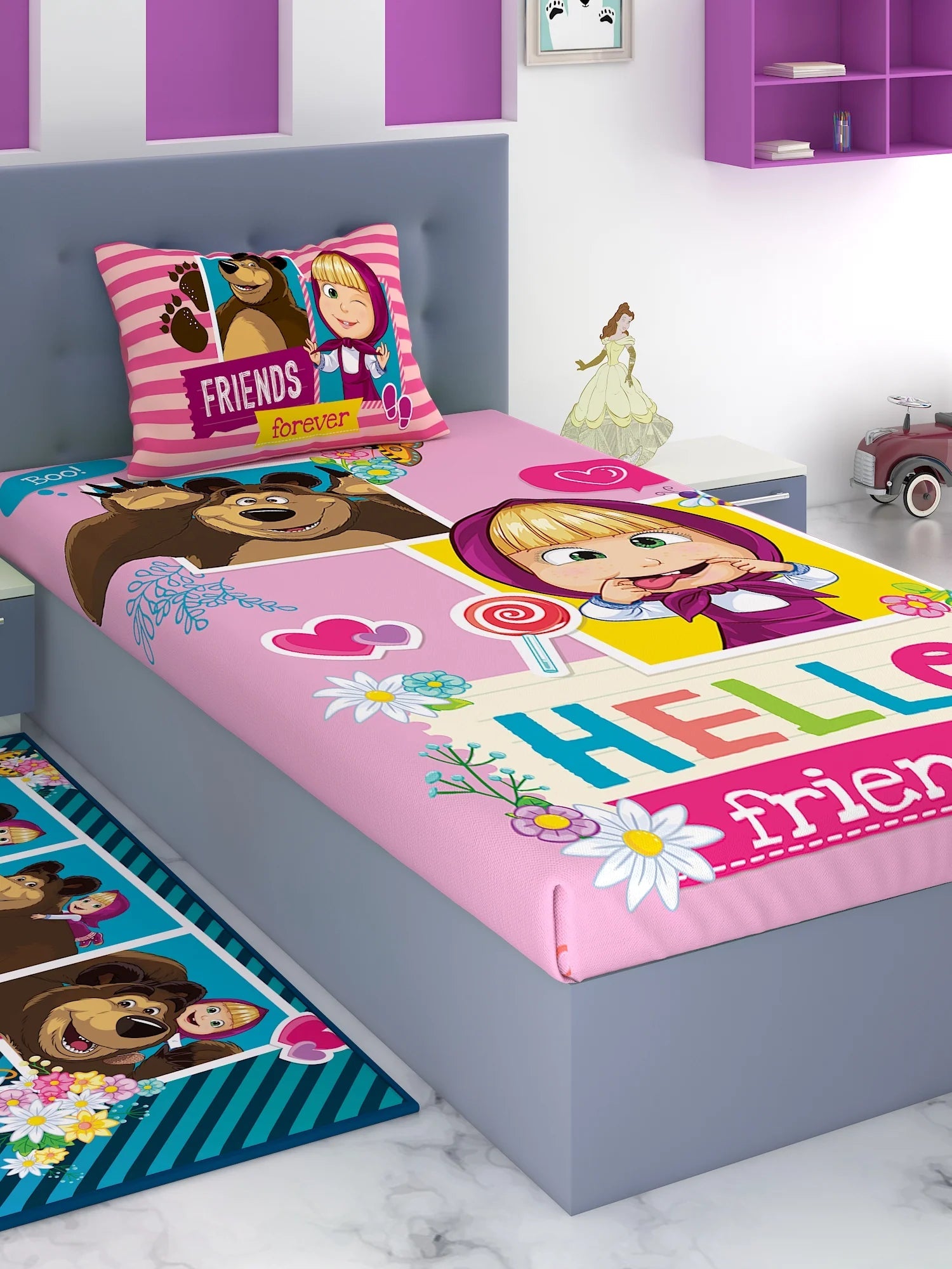 Athom Living Mash And The Bear Cotton Single Kids Bedsheet 180 TC 147x223 Cm - Athom Living