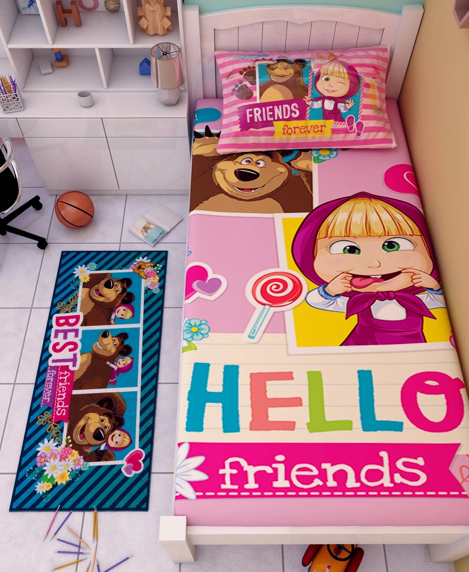 Athom Living Masha And The Bear Cotton Single Kids Bedsheet With Runner Carpet - Athom Living