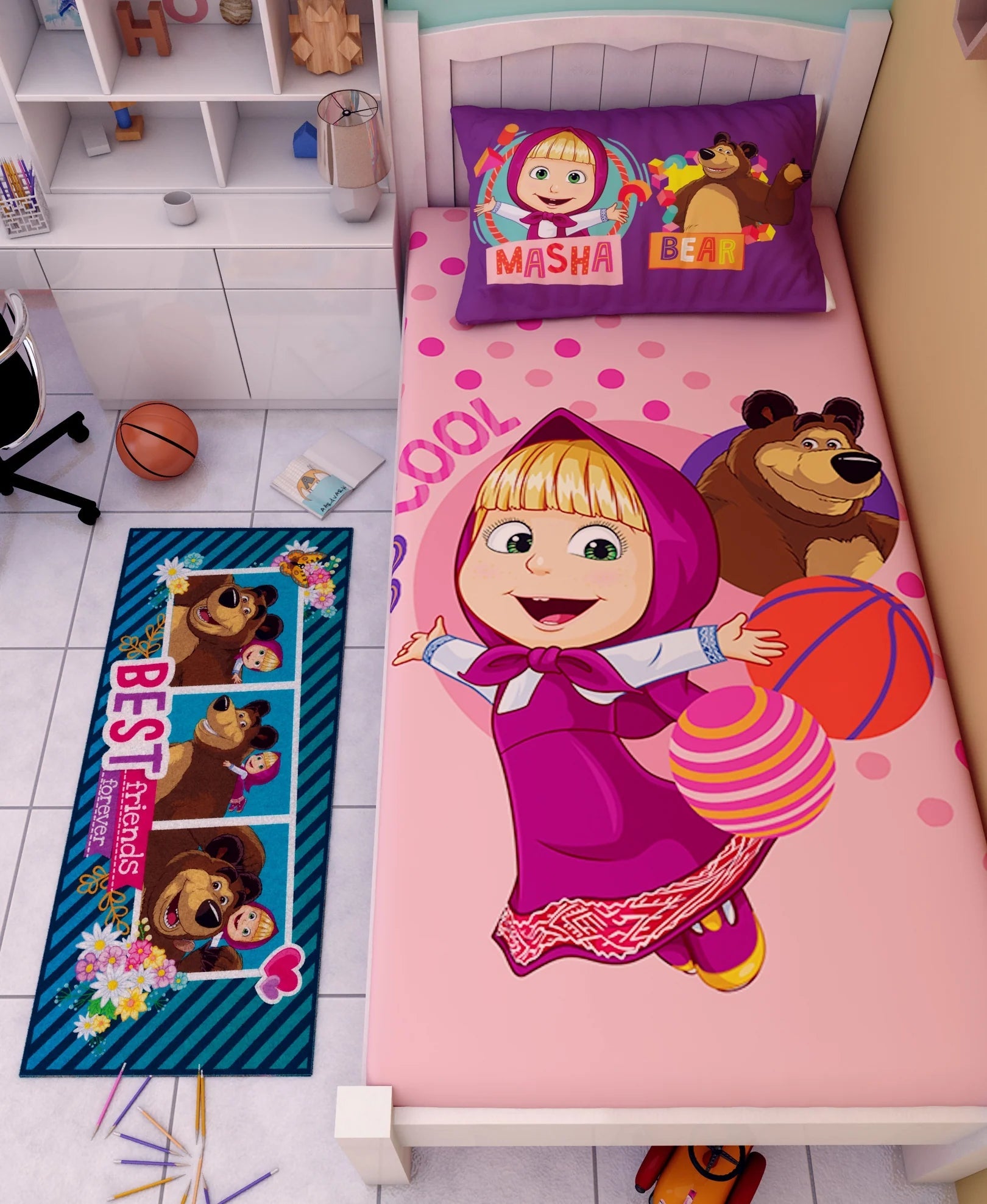 Athom Living Masha And The Bear So Cool Cotton Single Kids Bedsheet With Runner Carpet - Athom Living