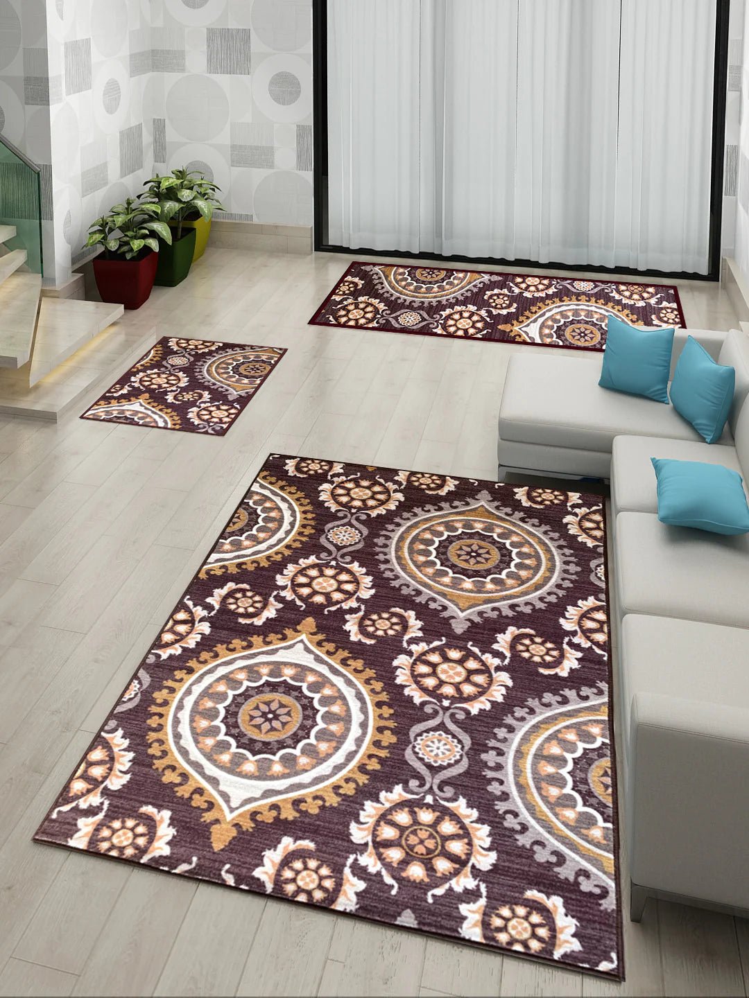 Athom Living Persian Brown Premium Anti Slip Printed Doormat, Runner & Carpet Set - Athom Living