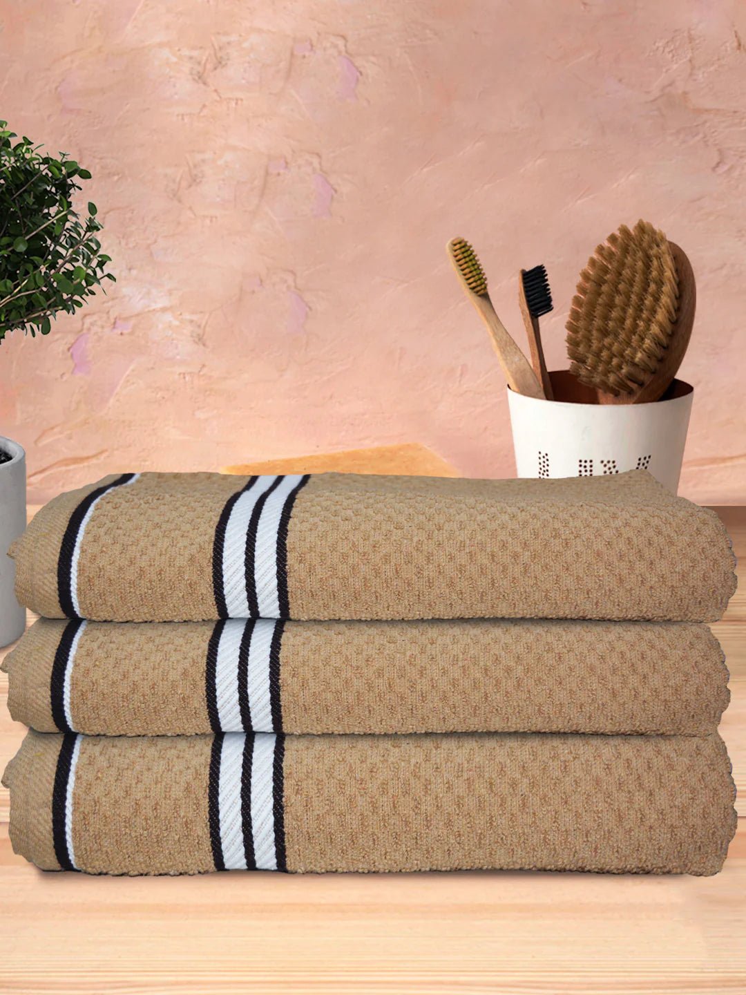 Athom Living Popcorn Textured Solid Bath Towel Beige 67x137 Cm Pack Of 3 - Athom Living