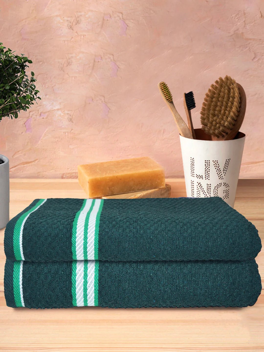 Athom Living Popcorn Textured Solid Bath Towel Green 67x137 Cm Pack Of 2 - Athom Living