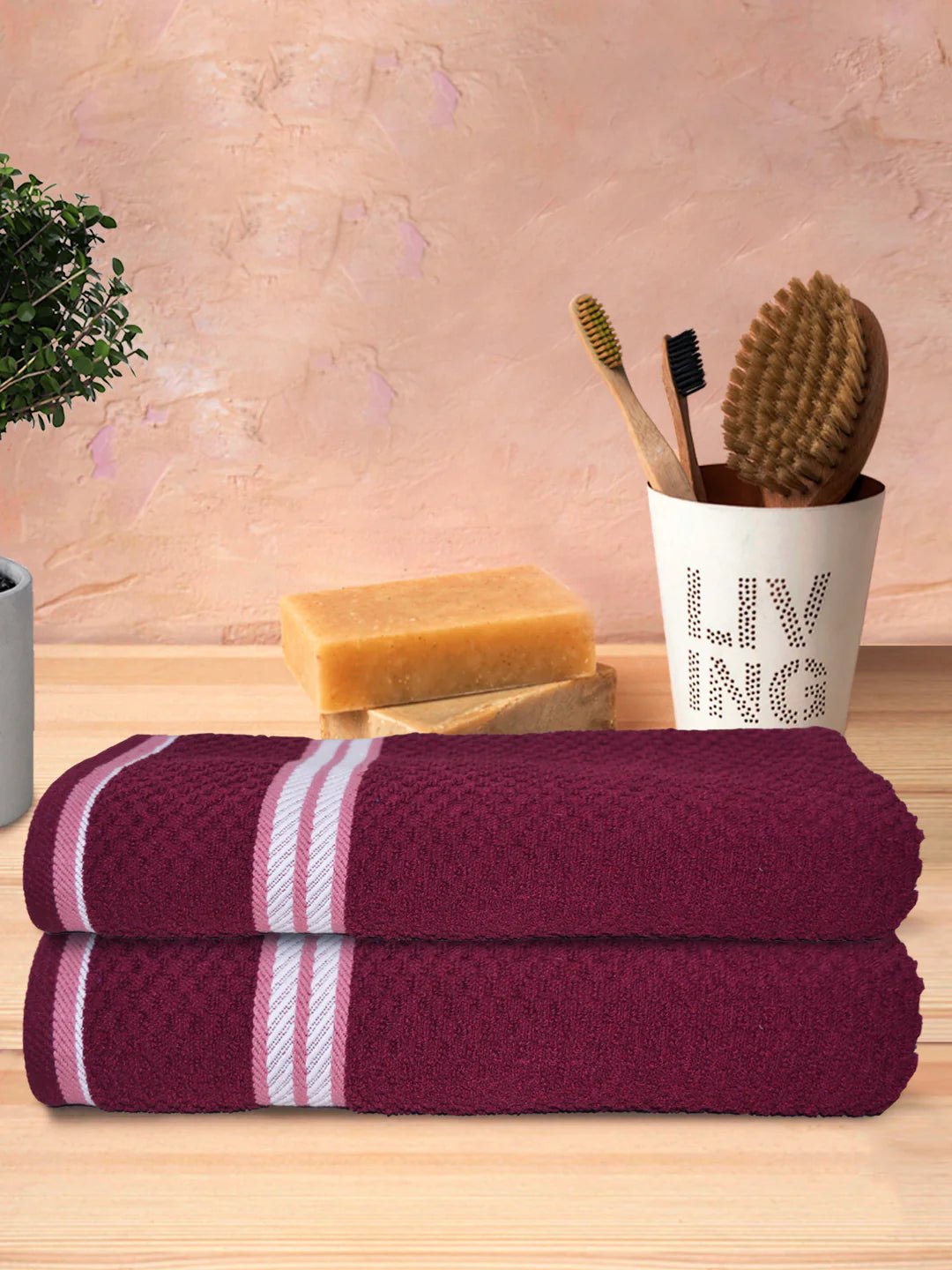 Athom Living Popcorn Textured Solid Bath Towel Maroon 67x137 Cm Pack Of 2 - Athom Living
