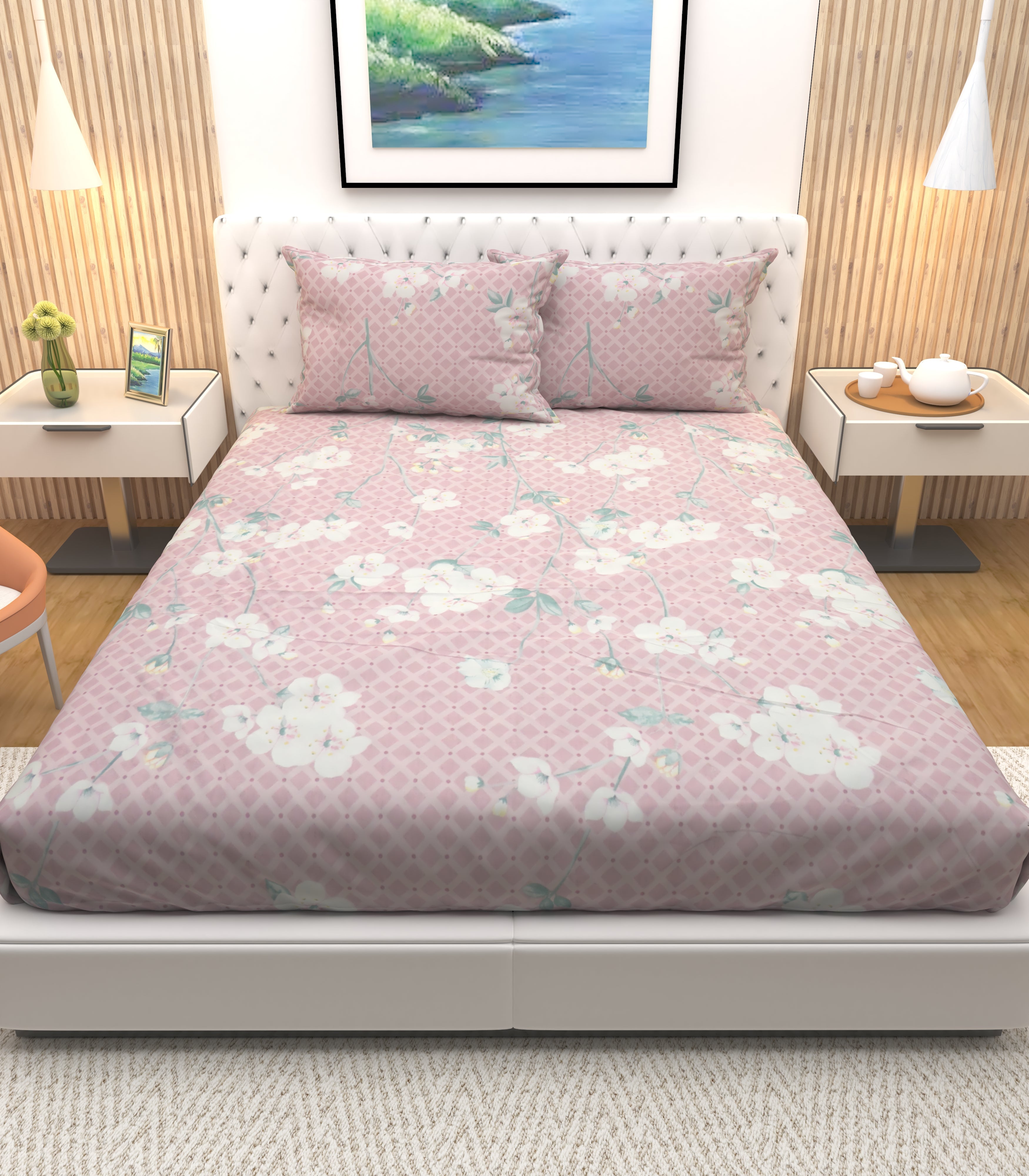 Athom Living Premium Bloom Pink With White Flowers designed printed Double Bedsheet with 2 Pillow Cover - Athom Living