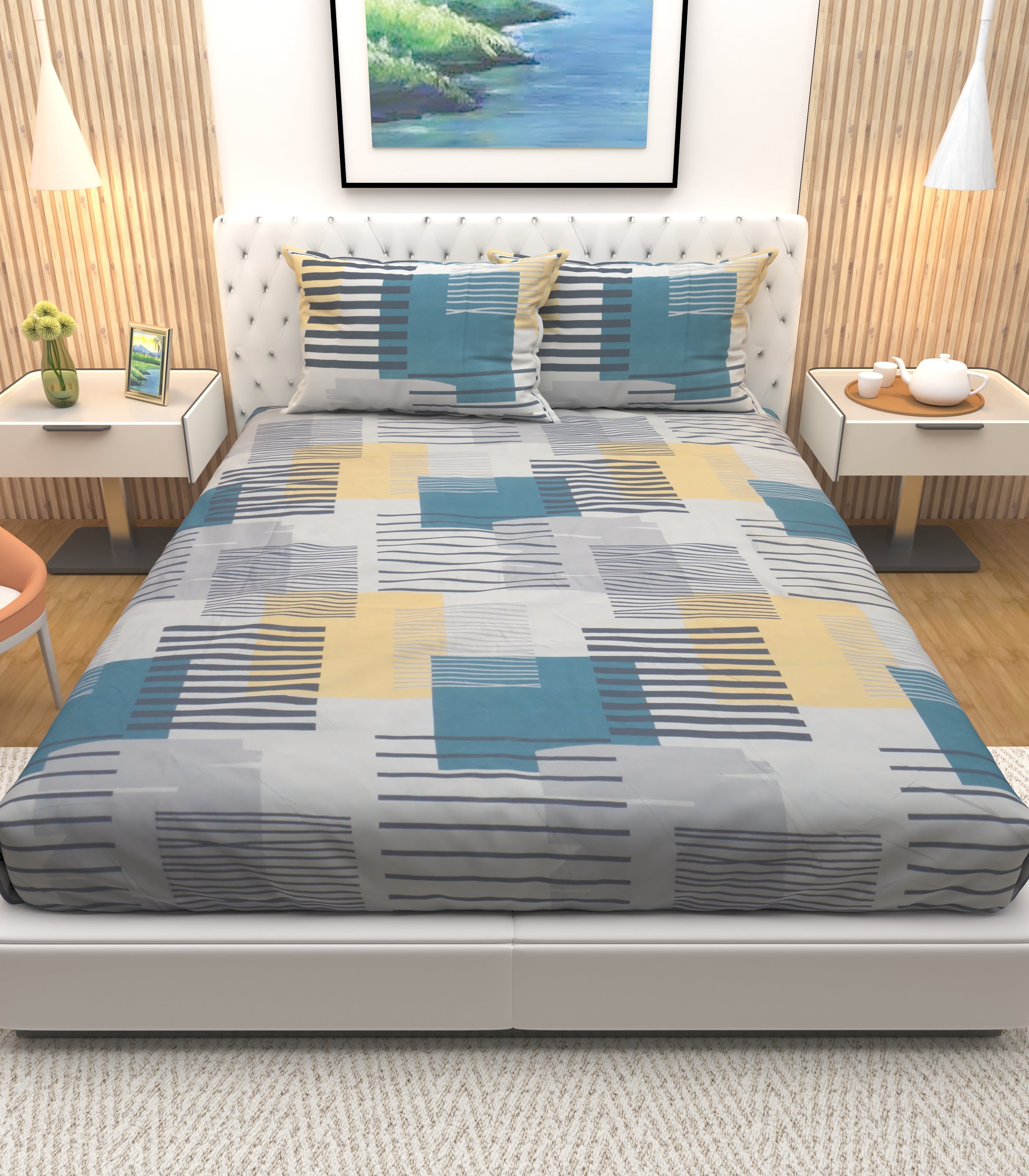 Athom Living Premium Blossom Blue Stripes printed Double Bedsheet with 2 Pillow Covers - Athom Living