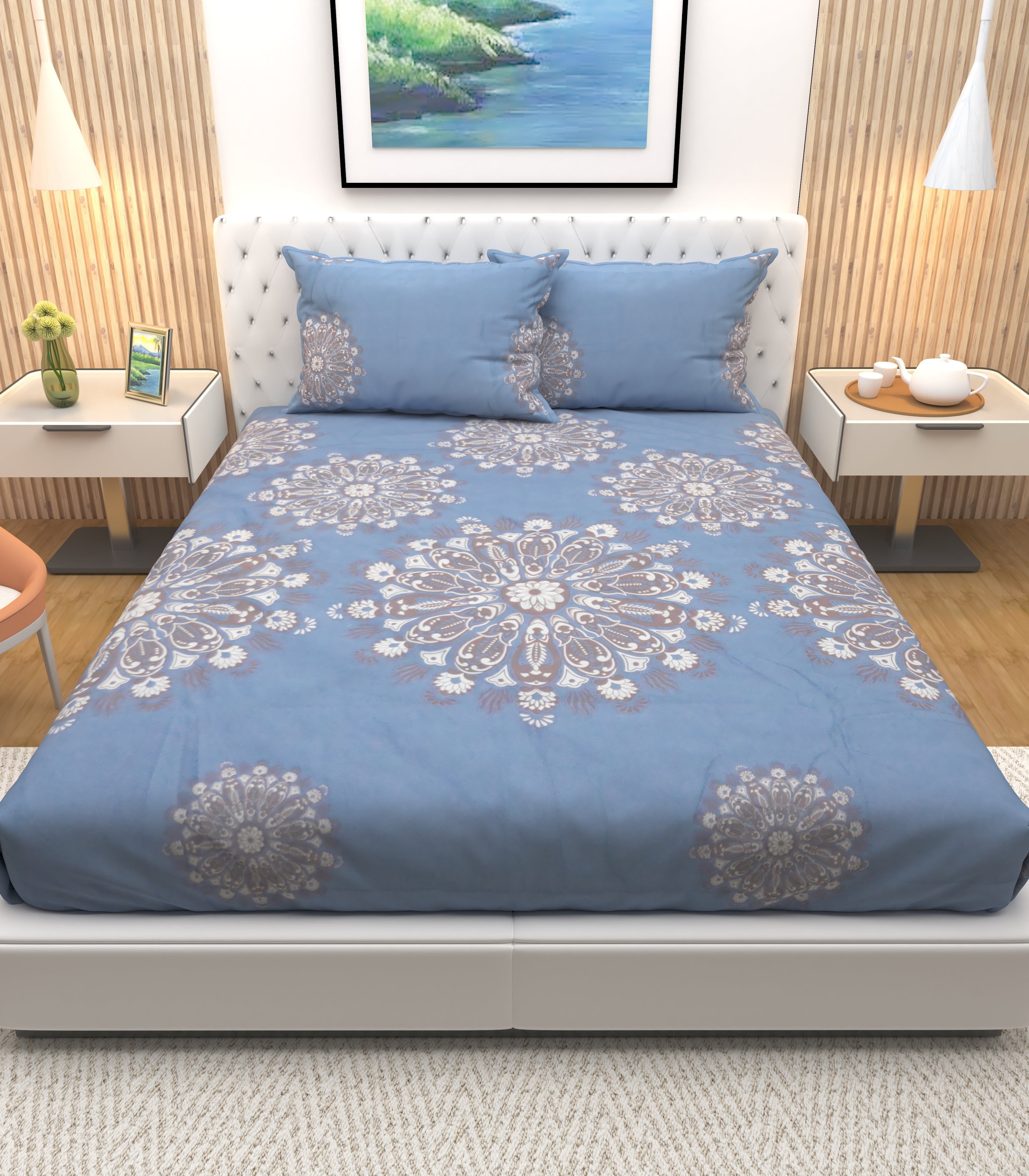 Athom Living Premium Daffodal Blue with Aristrocrate Design Double Bedsheet Bedsheet with 2 Pillow Cover - Athom Living