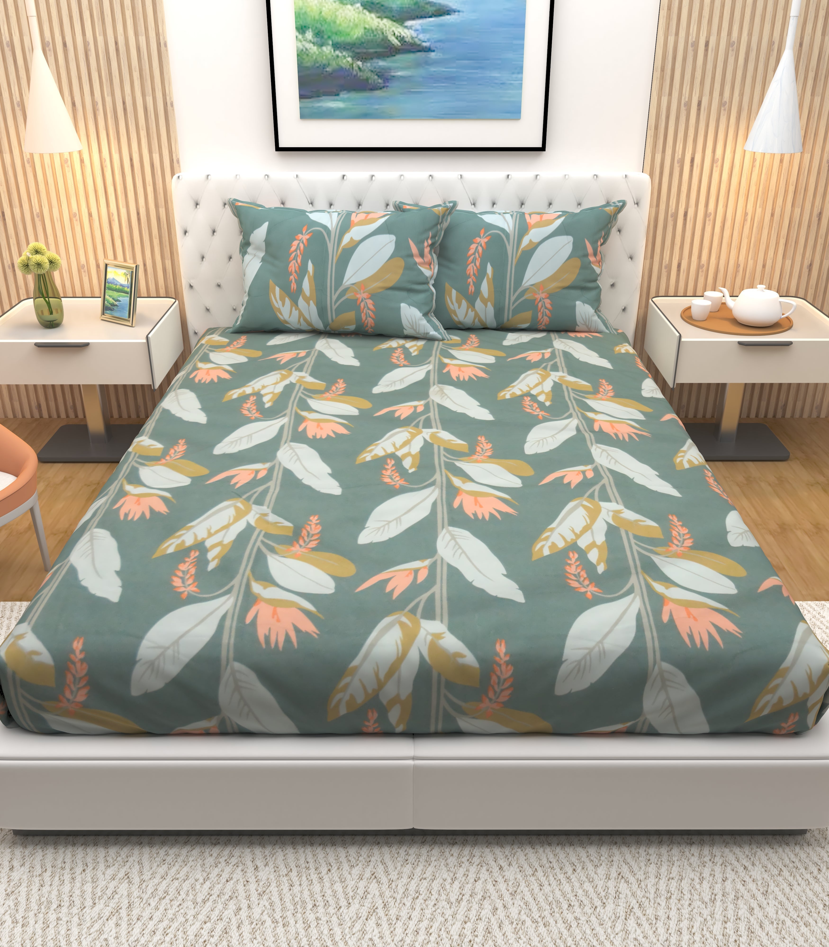 Athom Living Premium Desert Green Rosa Theme Printed Double Bedsheet with 2 Pillow Cover - Athom Living
