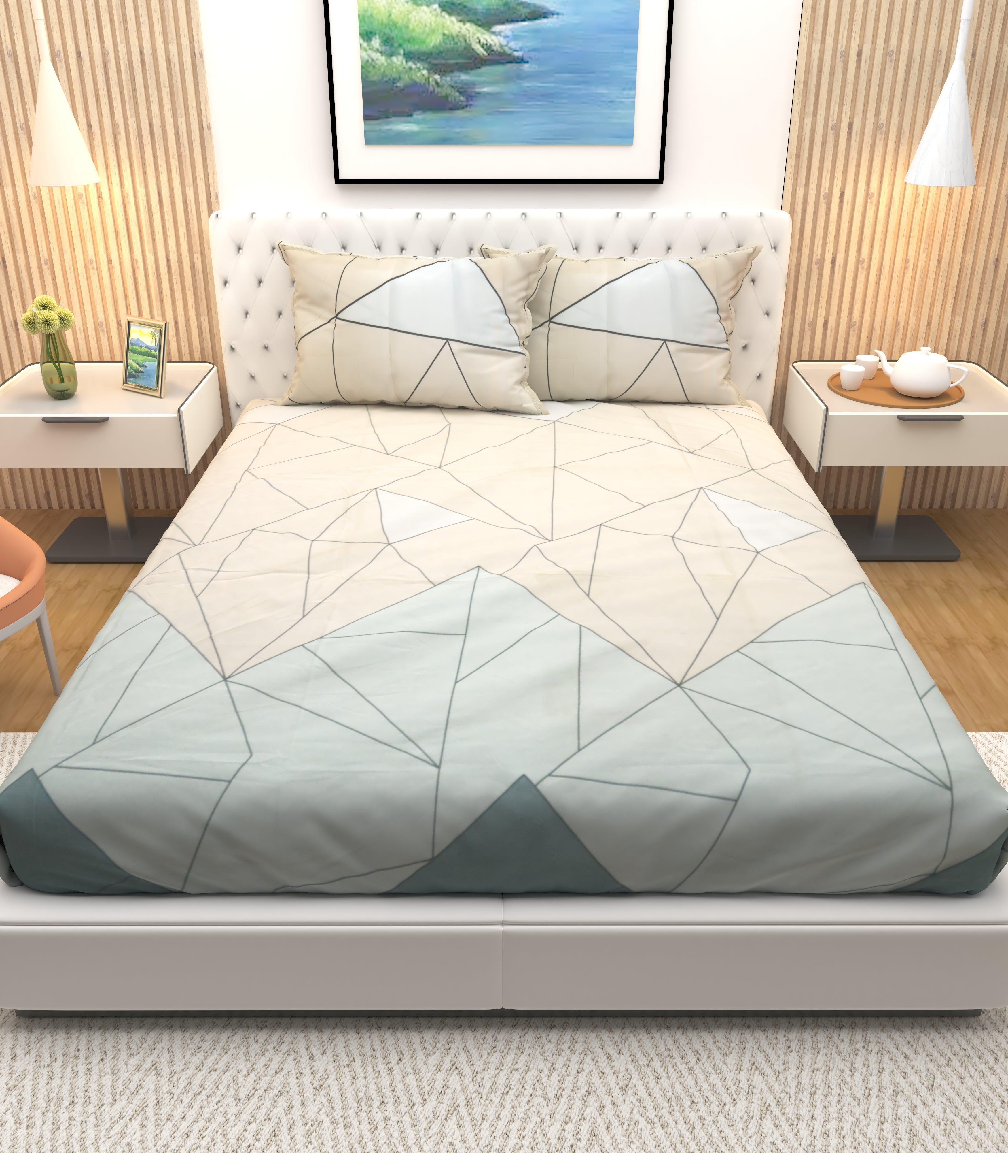 Athom Living Premium Distress Cream and Green coloured trainagle shape printed Double Bedsheetwith 2 Pillow Covers - Athom Living