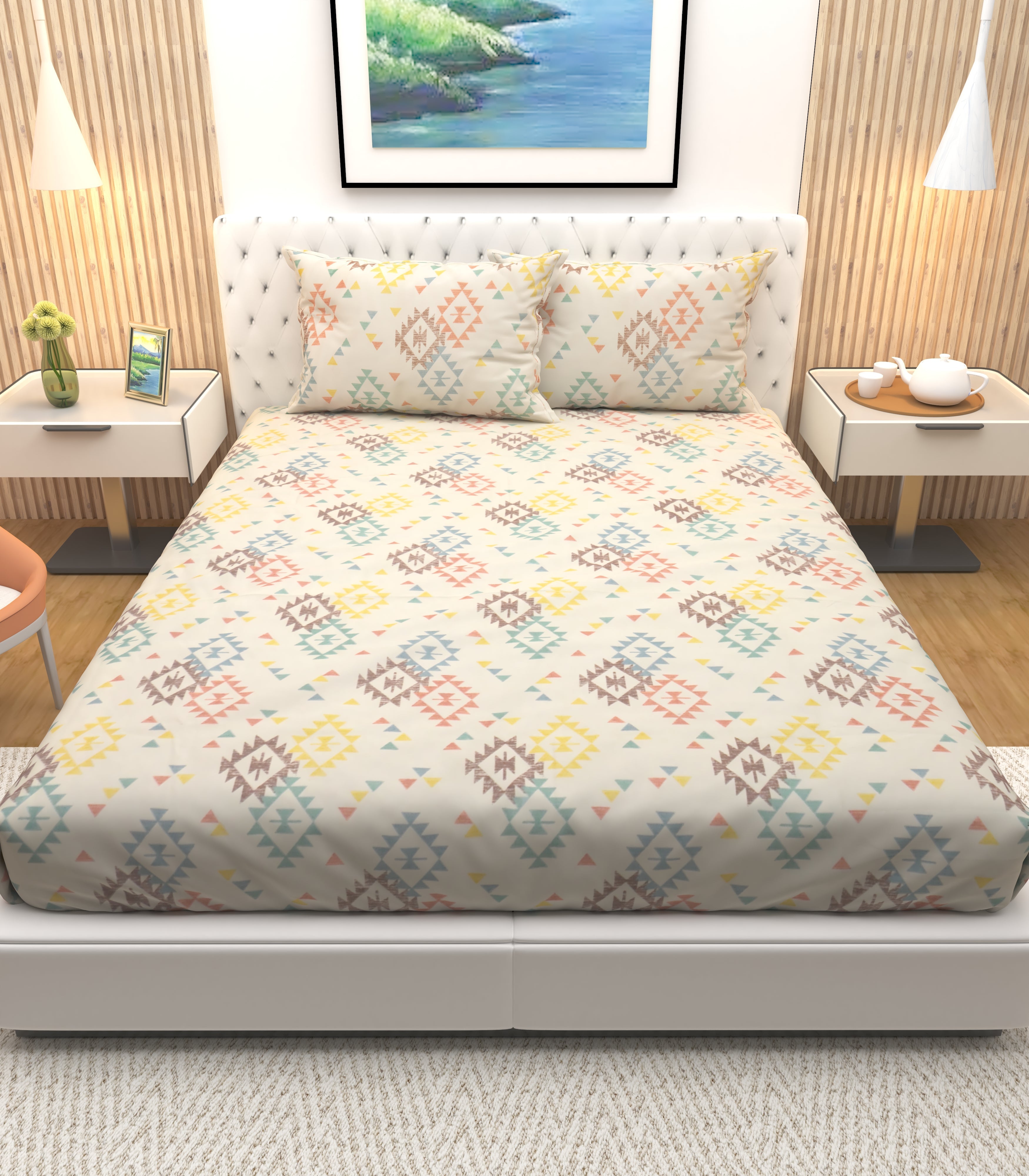 Athom Living Premium Dreamy Cream Multicoloured Triangle printed Double Bedsheet with 2 Pillow Cover - Athom Living