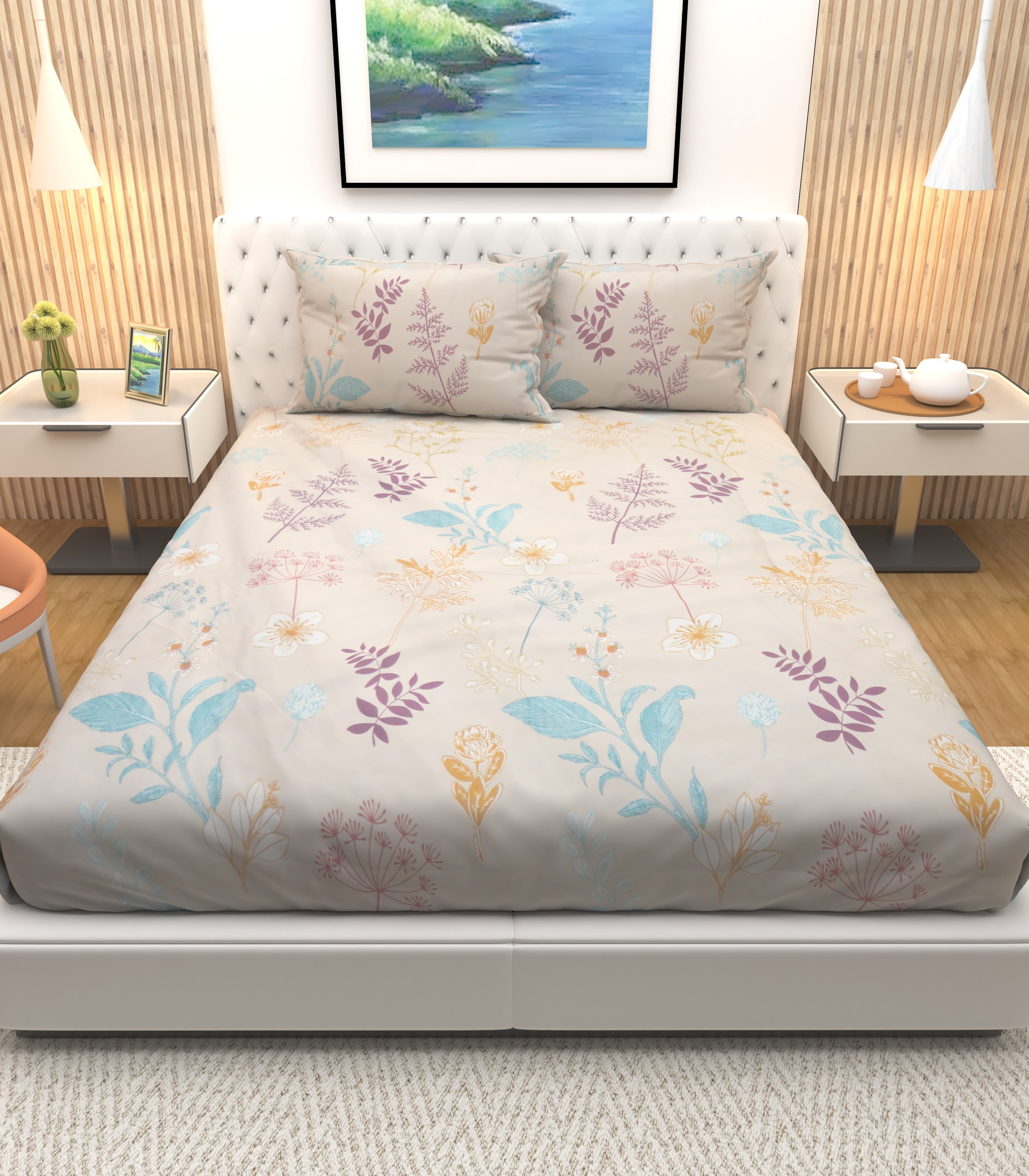 Athom Living Premium Dreamy Cream with microplants Printed Double Bedsheet with 2 Pillow Covers - Athom Living