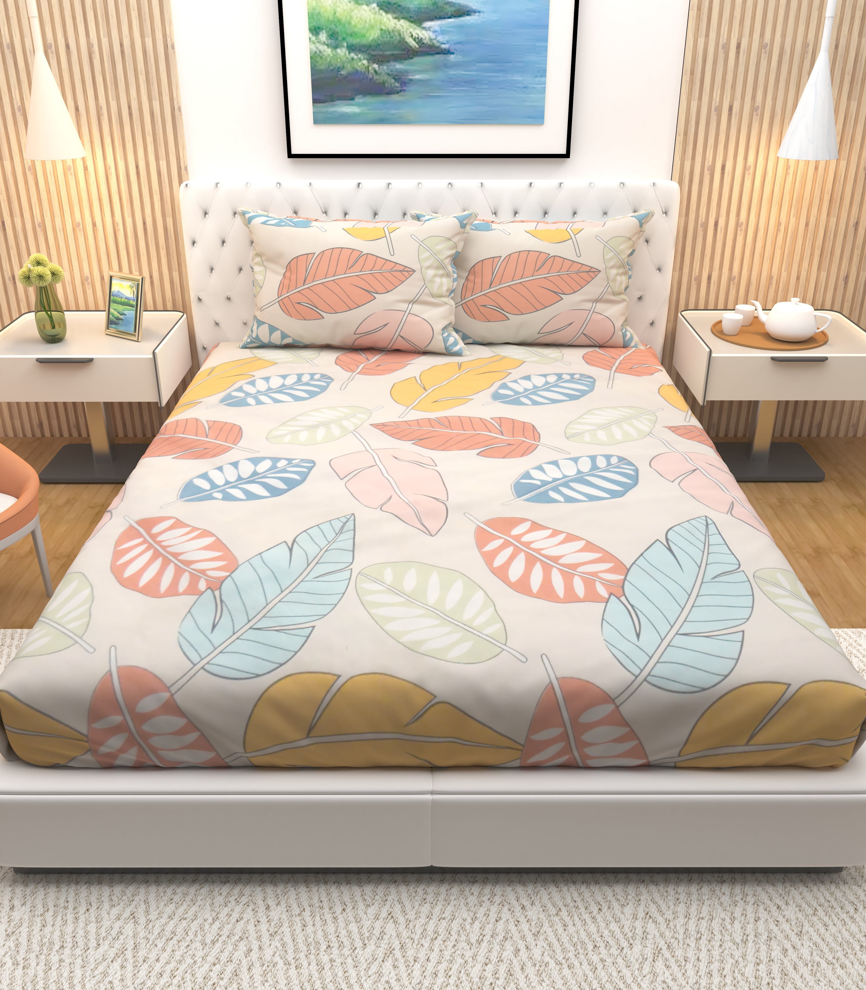 Athom Living Premium, Edequate Cream with multi-coloured leaf printed designed Bedsheet with 2 Pillow Covers - Athom Living