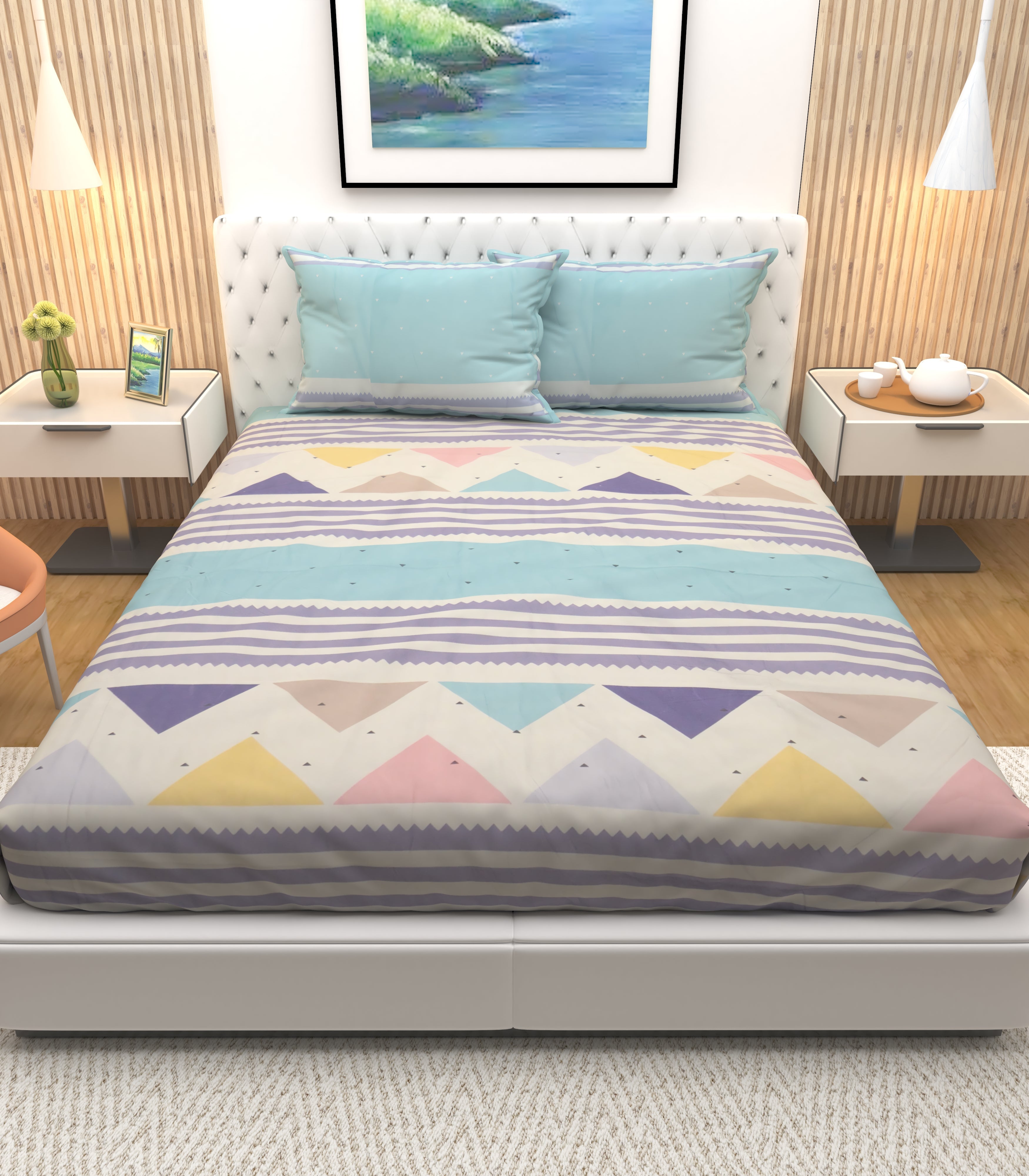 Athom Living Premium Egyption themed Multicoloured pyramid shape Double Bedsheet with 2 Pillow Cover - Athom Living