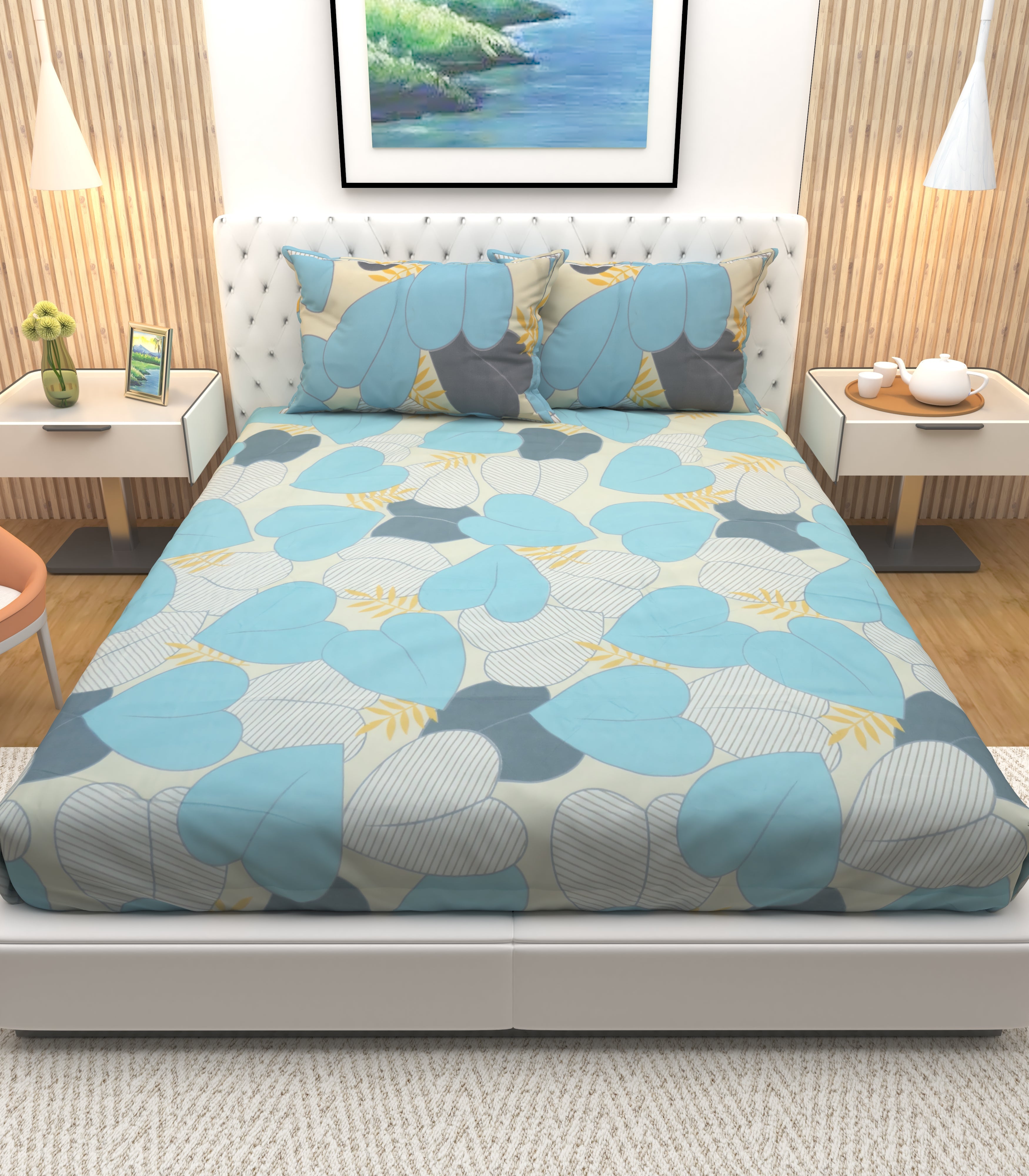 Athom Living Premium Flora Grey with grey coloured maple leaves Double Bedsheet with 2 Pillow Cover - Athom Living