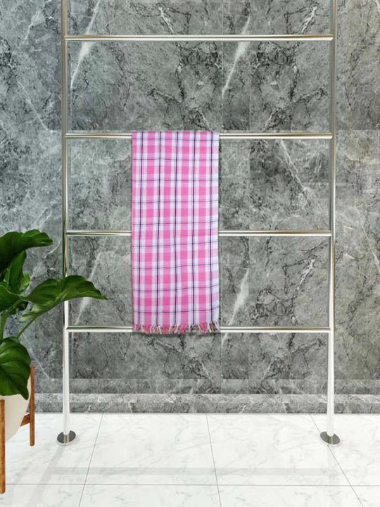 Athom Living Premium Gamcha Bath Towel 75 x 150 cm Pack of 1 White with Pink checkered - Athom Living